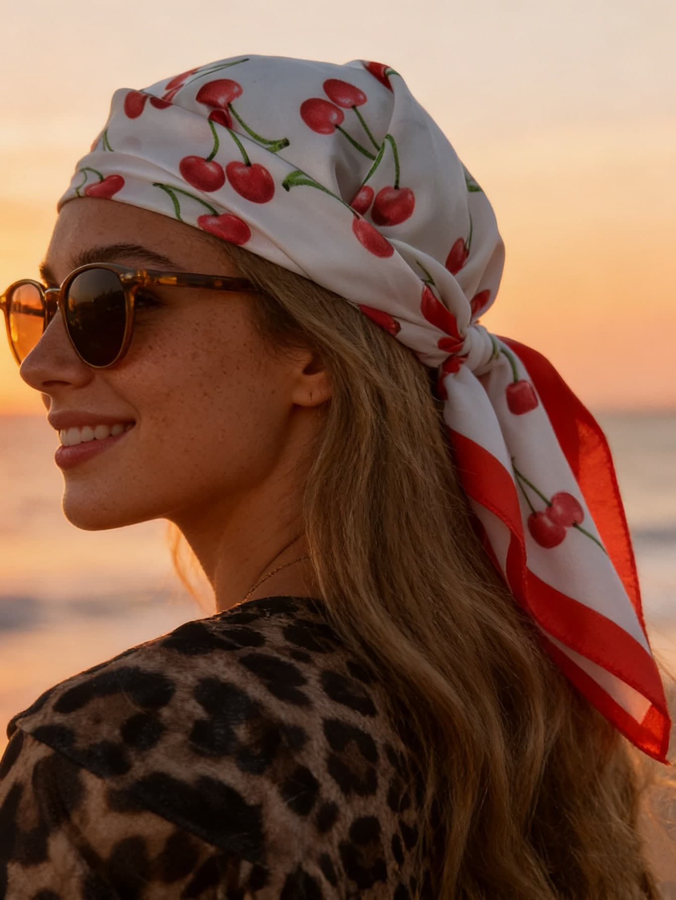 70cm Cherry Print Silk Scarf, Decorative Neckerchief, Casual Headband For Daily & Street Wear,Beach,Holiday,Accessories,Travel Essential