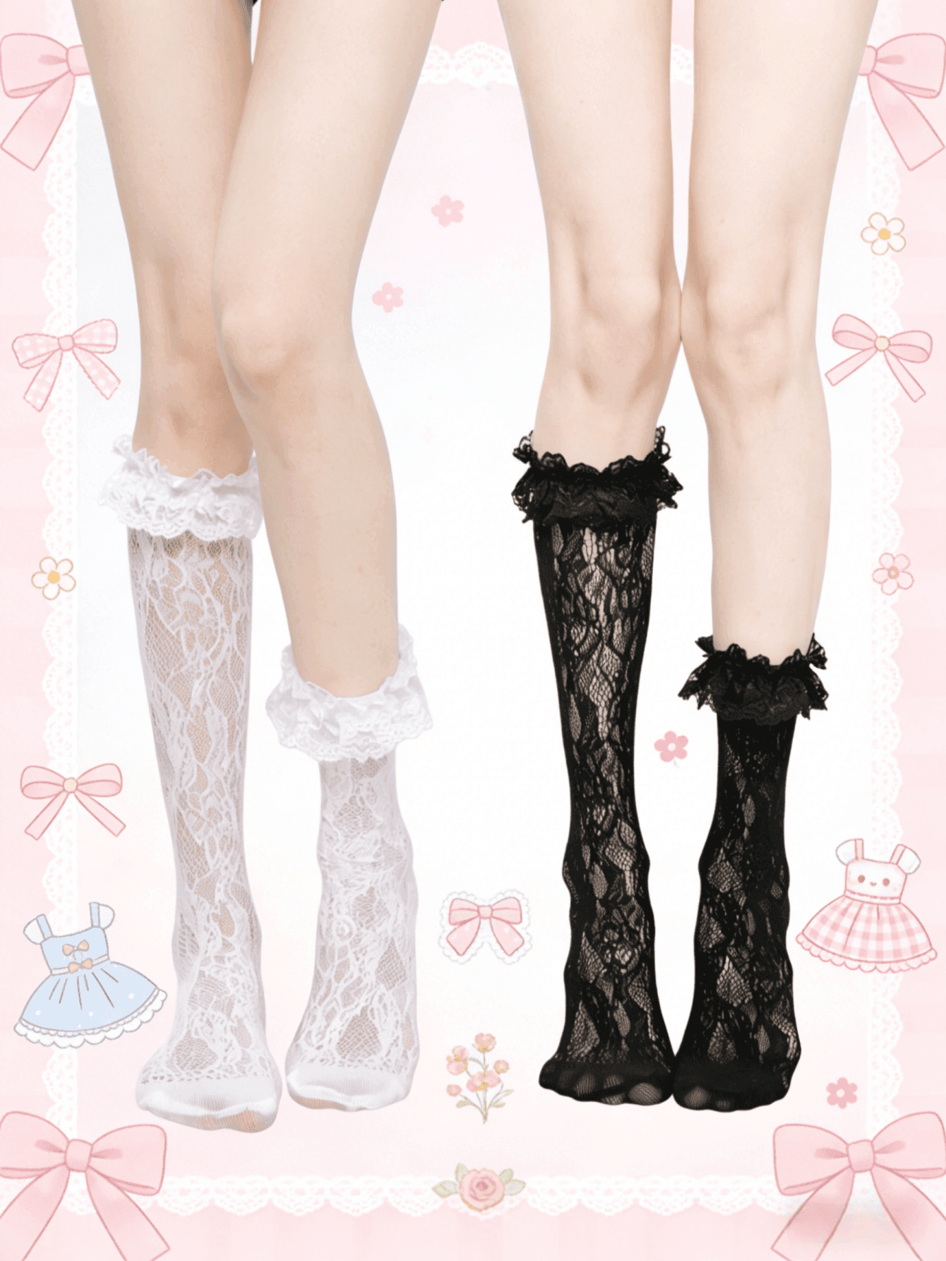1/3 Pairs Spring/Summer Thin Knee-High Socks, Ballerina Style Mid-Calf Socks, Lolita Bow Socks, Mesh Hollow Stockings, No-Show Socks, Lace Trim Straight Tube Socks