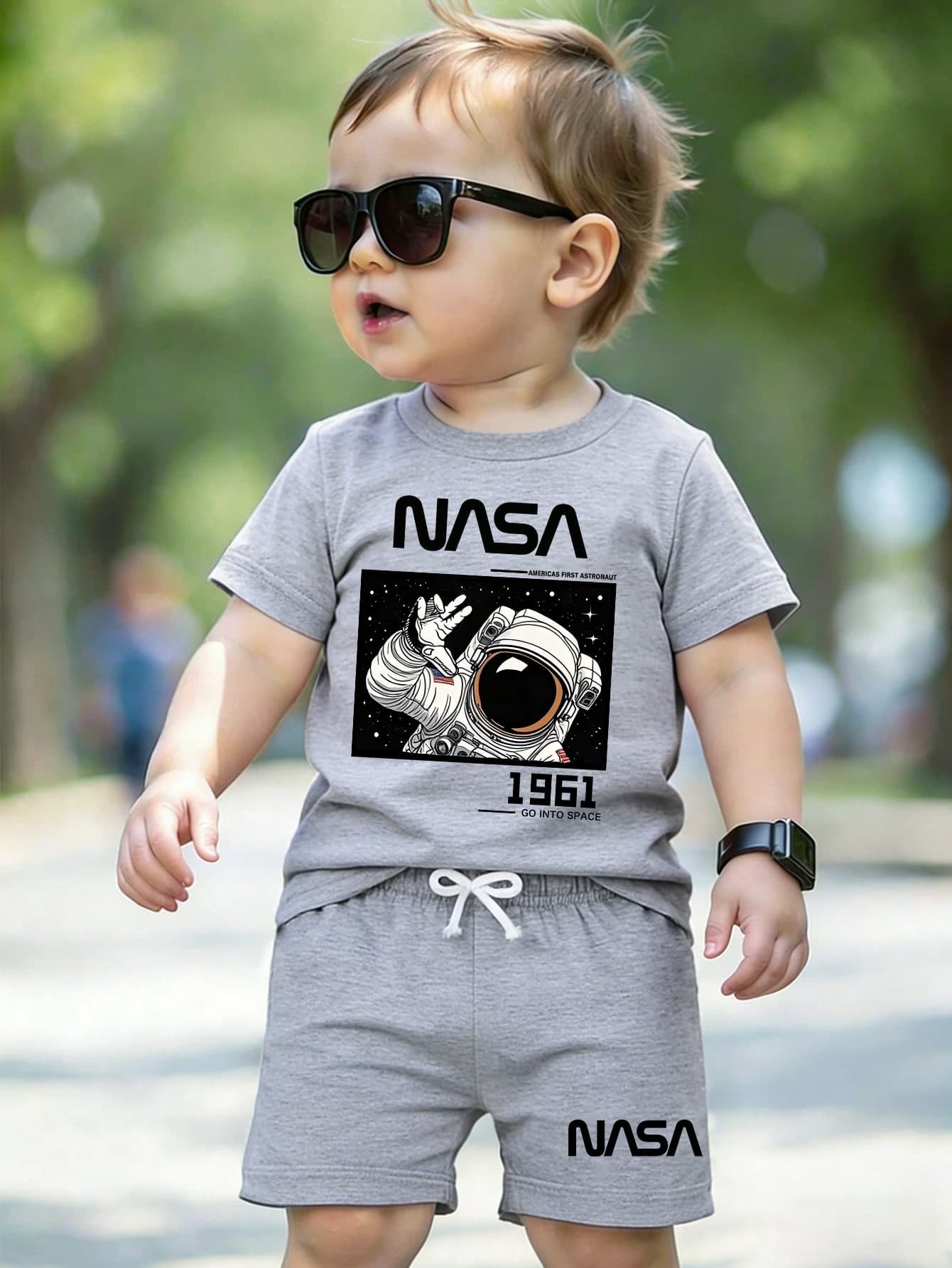 2pcs Baby Boy Casual Set: Astronaut Cartoon Letter Print Short Sleeve T-Shirt And Shorts