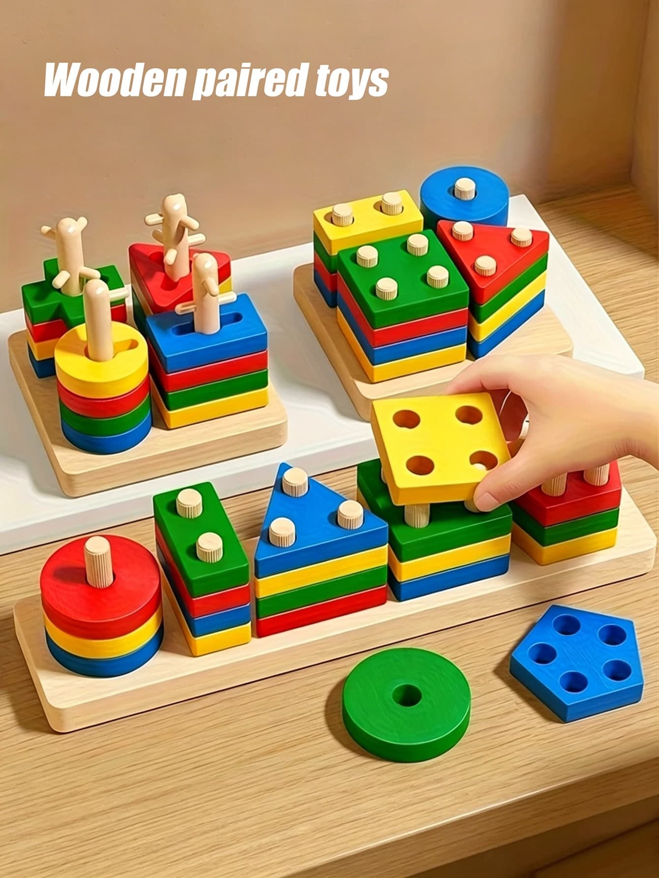 Wooden 4-Peg 5-Peg Montessori Geometric Shape Matching Blocks, Educational Puzzle Toy For Early Learning, Desktop Game For Children, Shape And Color Recognition, Hand-Eye Coordination, Fun Stacking Blocks