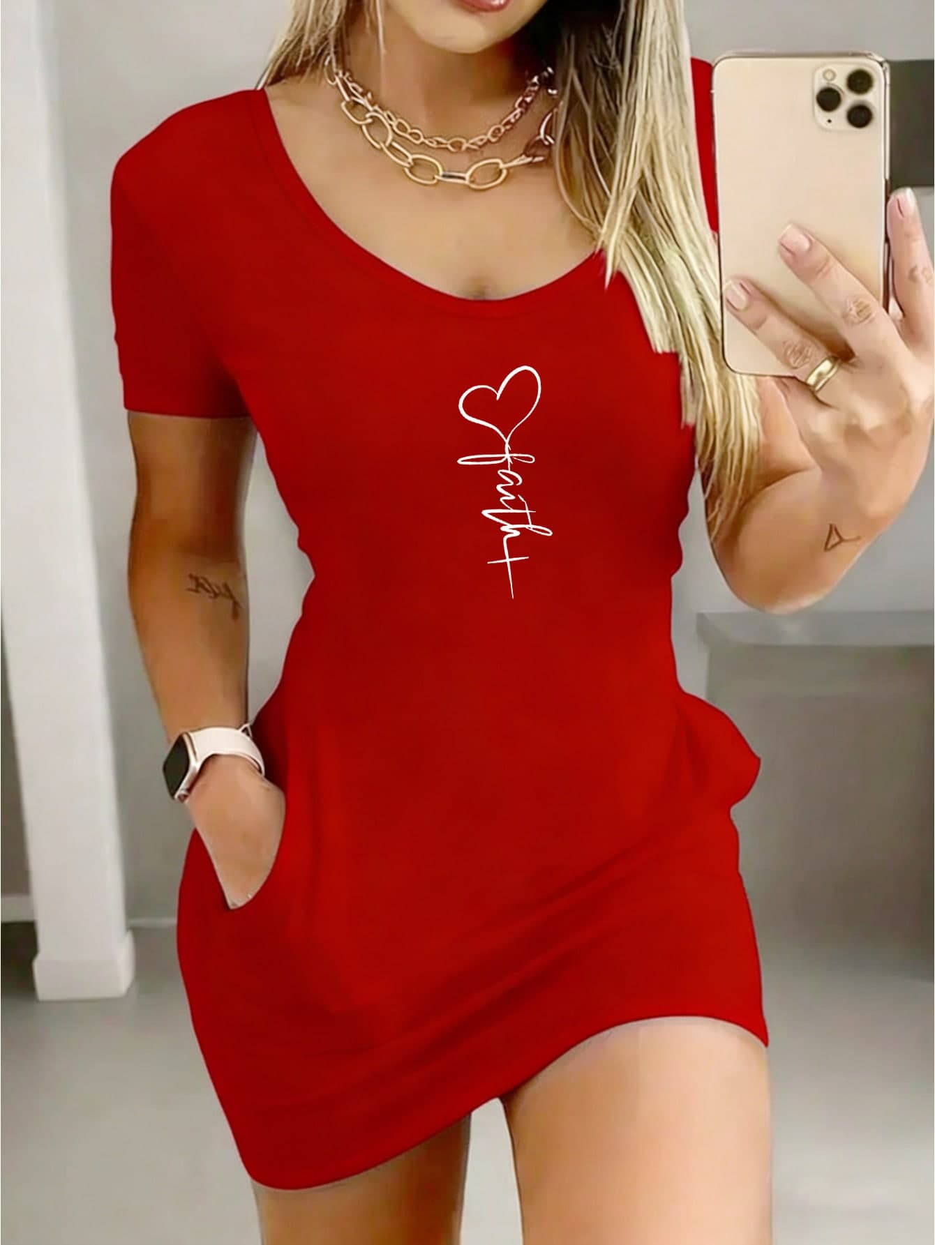 Women's Sexy Heart Pattern Short Sleeve Dress, Summer Elegant Red Party