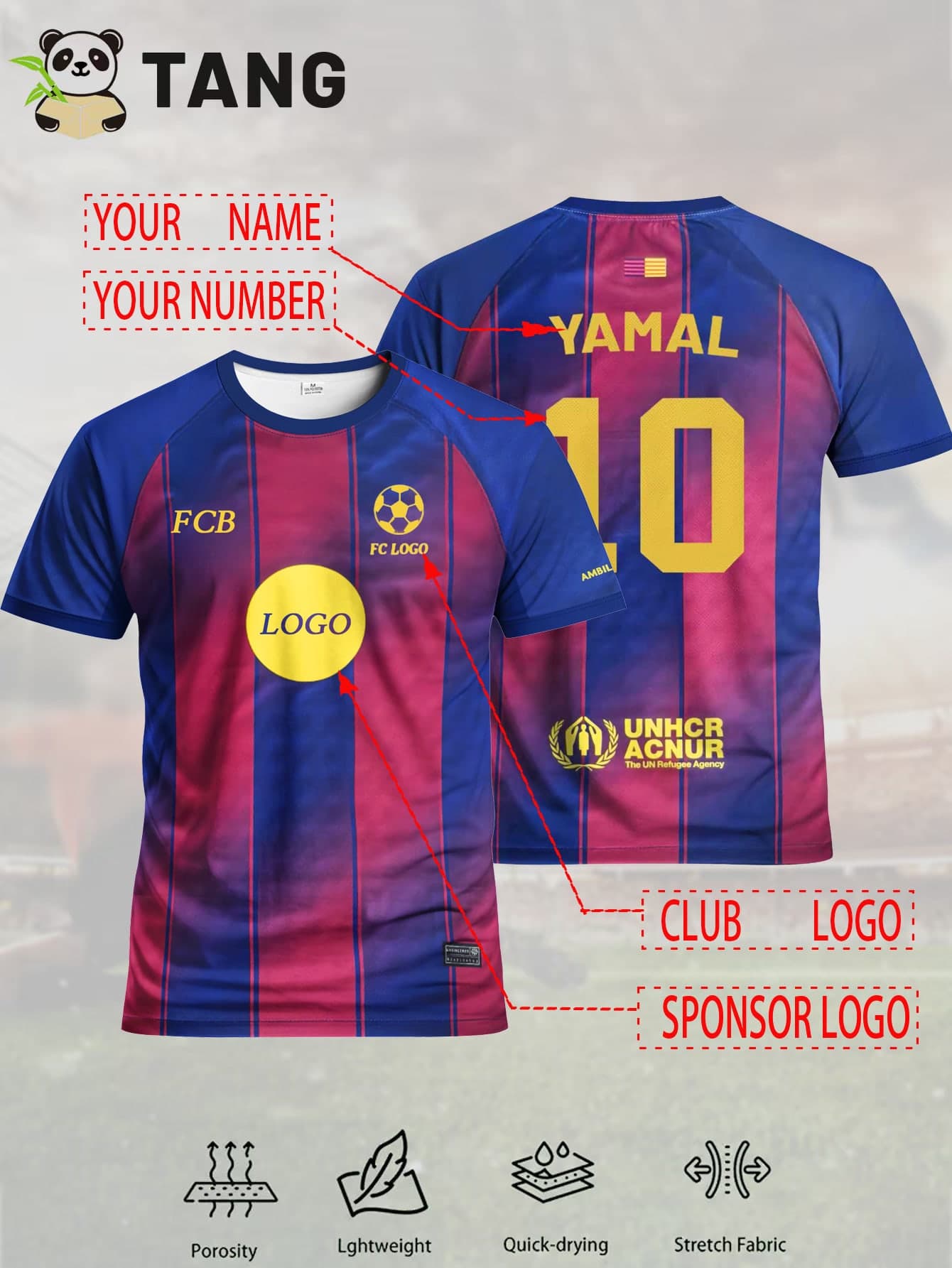 Barcelona Style Customized Men's Soccer Jersey & Customizable Name & Number & Round Neck Soft Lightweight Sports Top & Training, Casual, Gift & World Cup