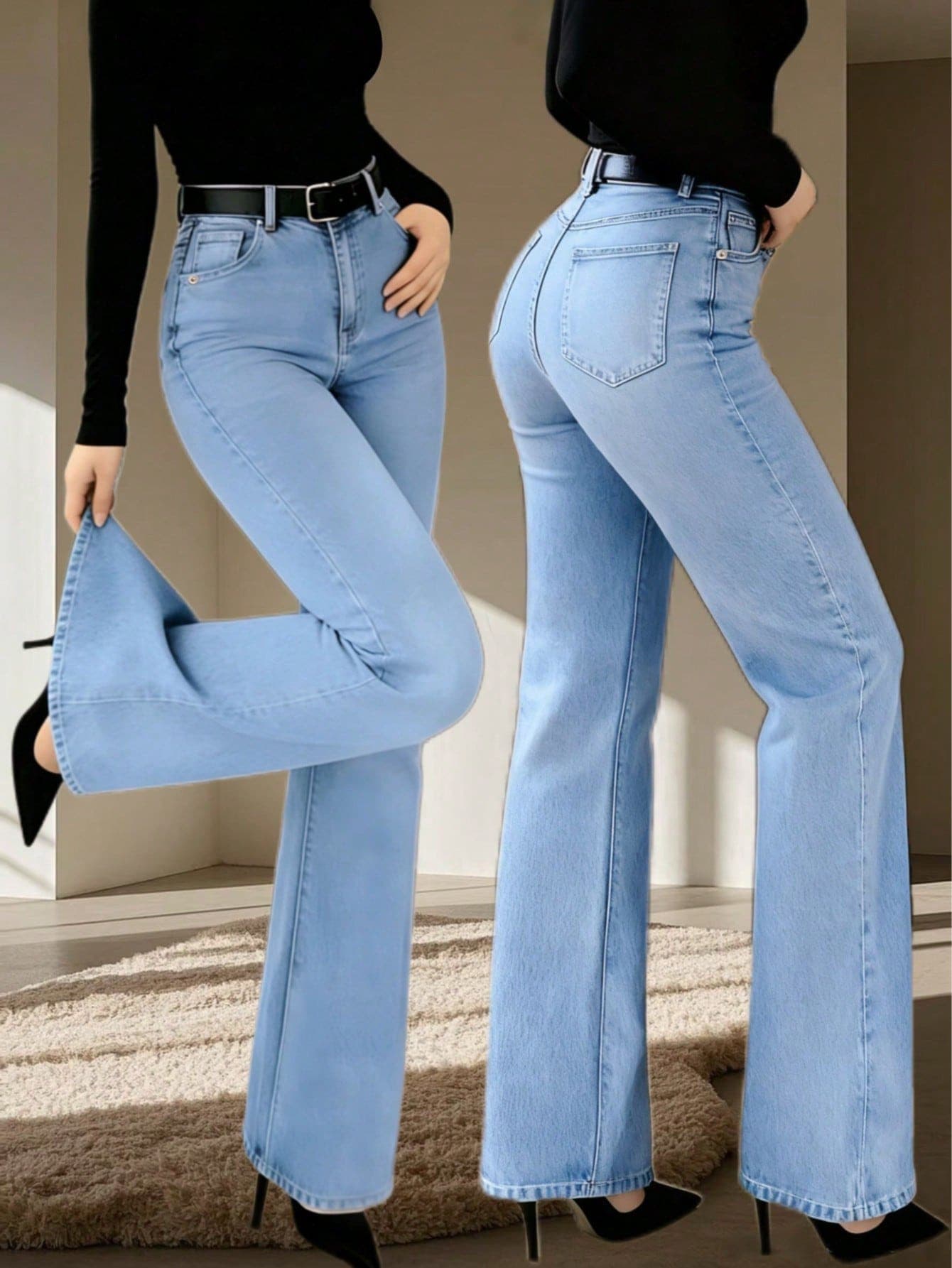 Women's Washed Light Blue Casual Elegant Straight Leg Jeans With Pockets, Buttons, Zipper And Moderate Stretch Fabric Spring