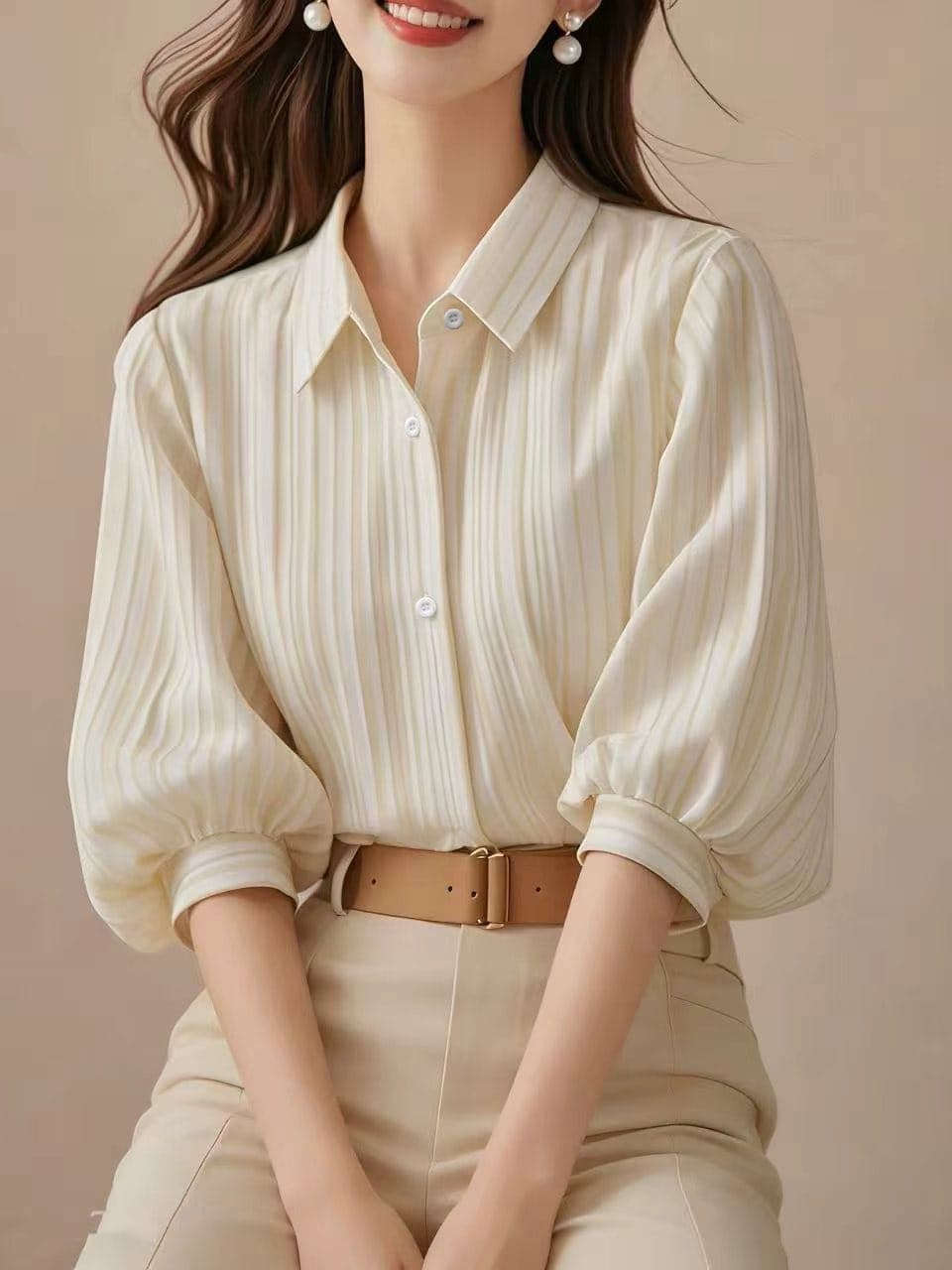 Elegant Apricot Striped Lantern Sleeve Blouse For Women, Versatile Commute Short Sleeve Top, Random Cut Summer