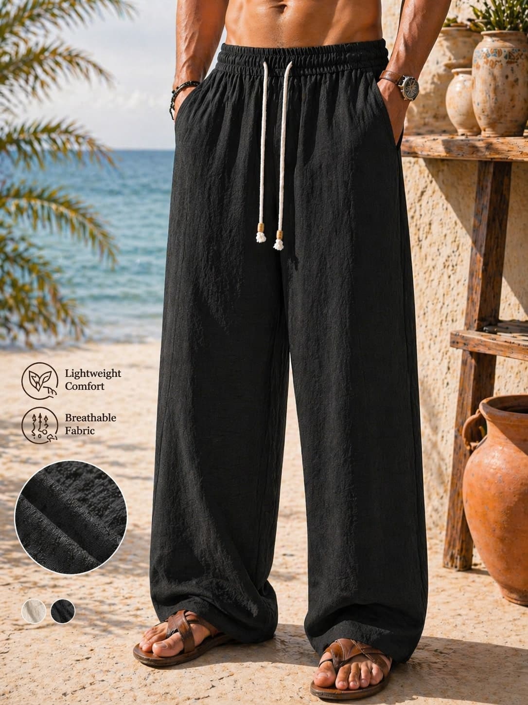 1pc Men's Apricot Linen-Feel Drawstring Straight Leg Pants, Soft & Comfortable Linen-Like Fabric, Casual For Vacation & Daily Commute, Old Money Style