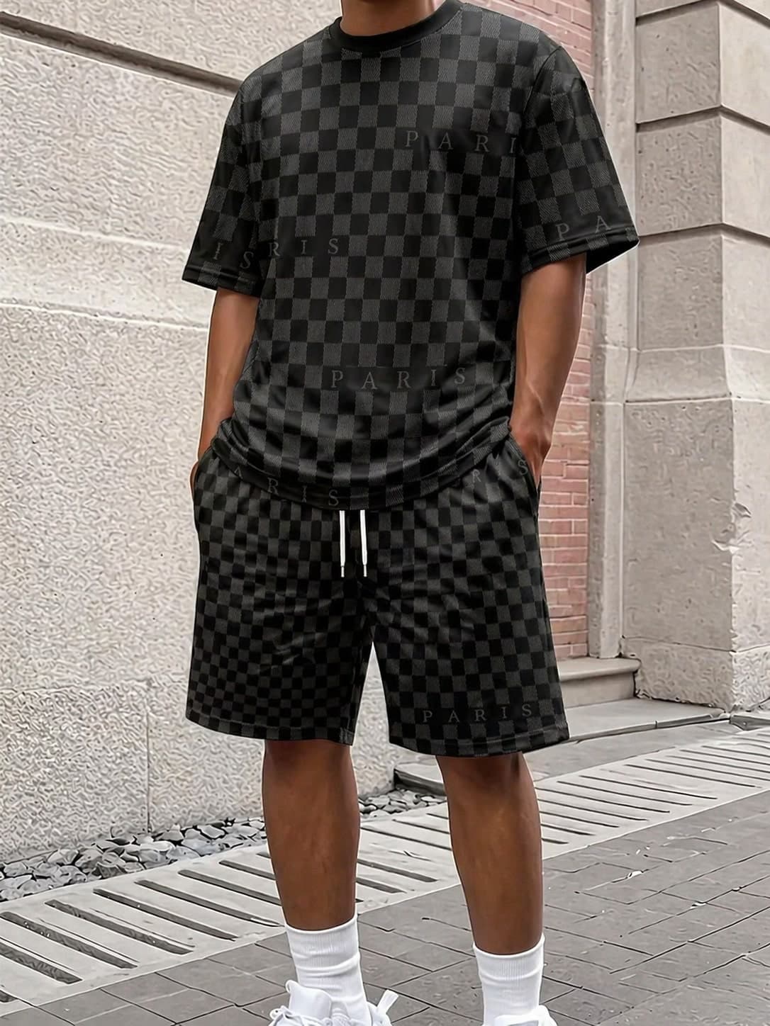 KOVSEE 2pcs Men's Summer Casual 3D Digital Print Short Sleeve T-Shirt And Shorts Set, Daily Leisure Sports Fashion Outfit