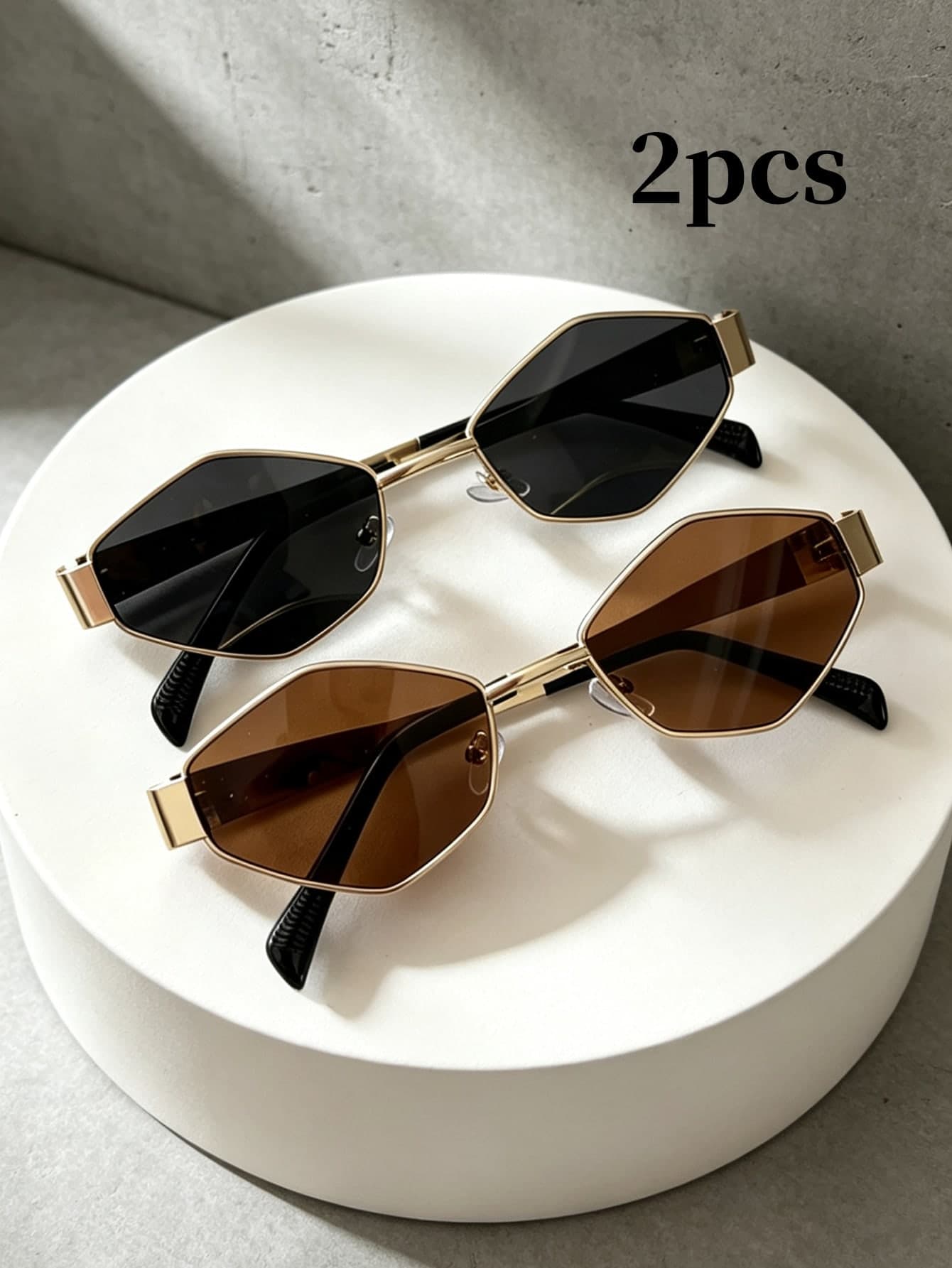 2 Pairs Summer Fashion Eyeglasses Set, Retro Polygon Diamond Metal Frame Decorative Glasses, Unisex Suitable For Street Photography, Commuting, Daily Wear
