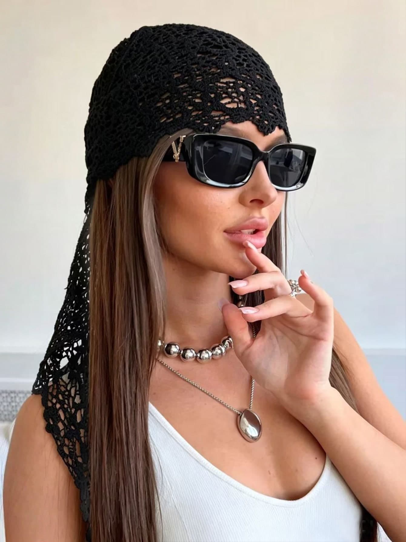 1pc Black Lace Crochet Headscarf,Hollow Floral Knitted Headscarf,Breathable Sun Protection Headscarf,Bohemian Style Suitable