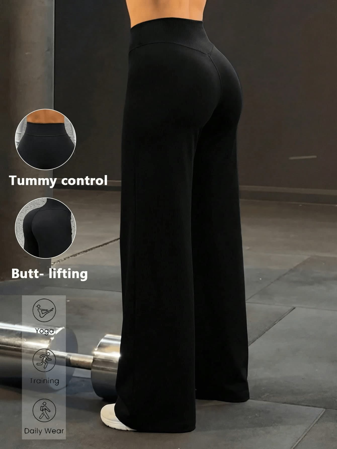Women's Minimalist High Waist Wide Leg Pants, Casual Comfortable Sports Straight Leg Pants, High Stretch Flare Commuting Yoga Pants, Women's Sportswear, Knit Fabric, Elastic Comfortable, Suitable For Daily Wear And Sports, Flare Wide Leg Pants, Women's Sports Pants, Spring/Summer Black Versatile, Suitable For All