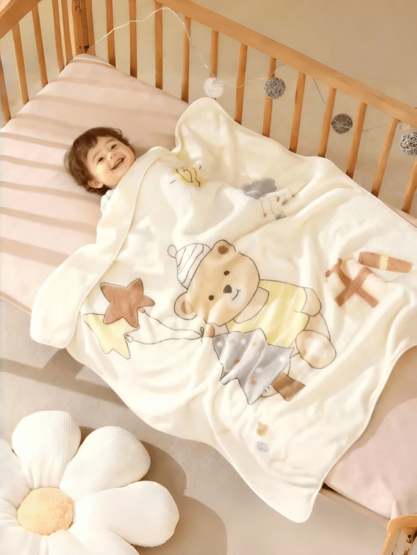 1pc Newborn Baby Blanket, Soft Infant Blanket Printed With Cute Cartoon Bear And Starfish Patterns - Comfortable Baby Swaddle, Machine Washable, Multiple Colors Available, Multifunctional Nursery Decor, Suitable For Newborns And Toddlers, Fun Design, Durable Baby Blanket