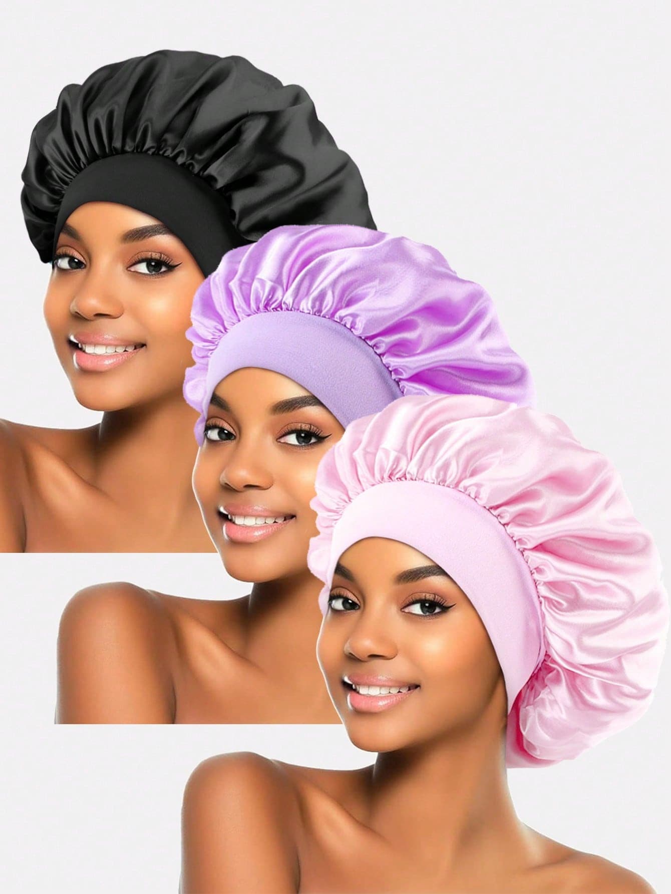 YPGVUO 3pcs Satin Wide-Brim Sleep Cap, Smooth Satin Fabric, Minimalist Gentle Style, Elastic Headband Design For Comfort And Frizz-Free, Suitable For Sleeping, SPA And Home Use, Multi-Color Options
