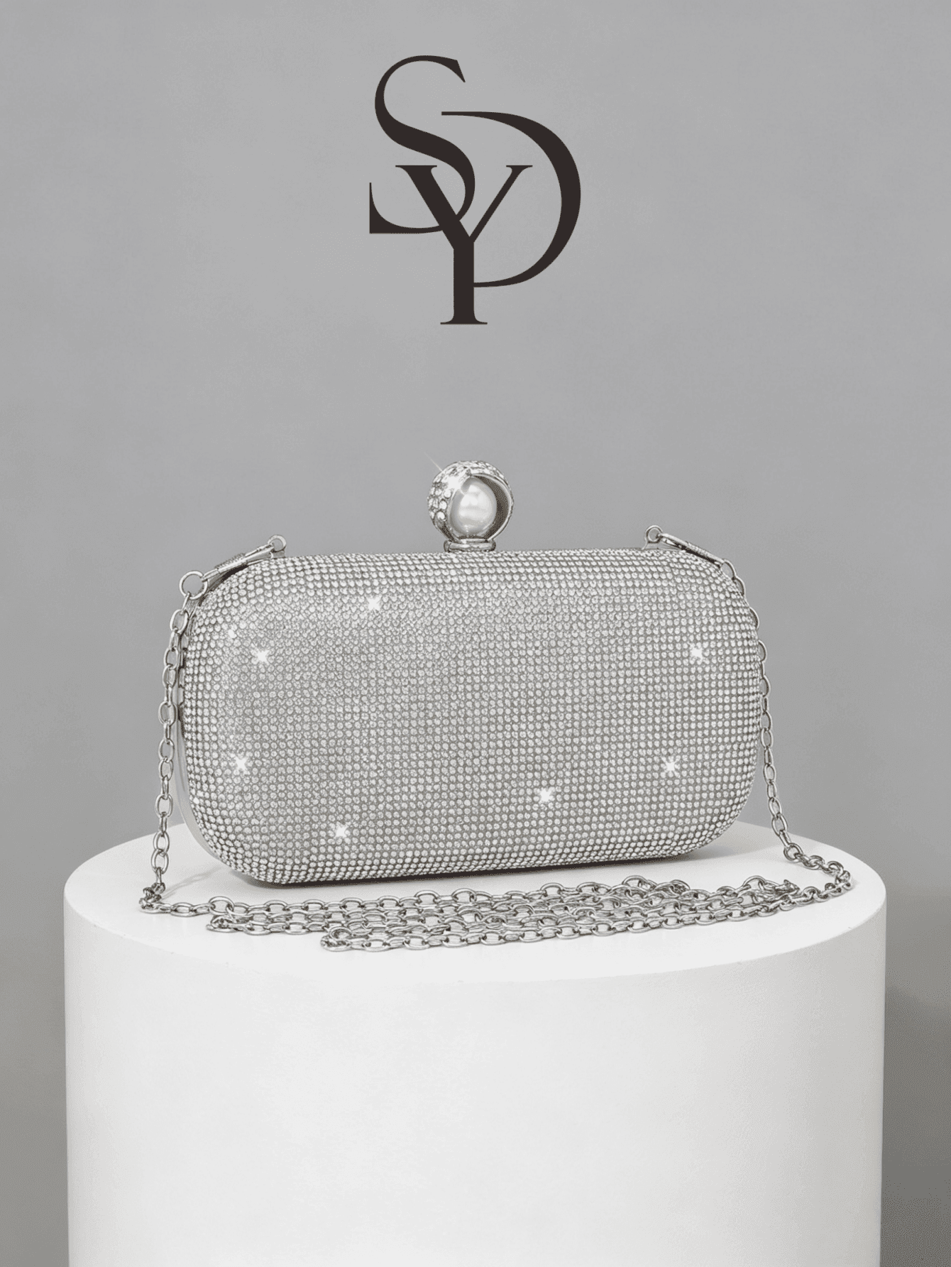 Women's Silver Crystal Rhinestone Evening Clutch, Pearl & Crystal Decor Wallet