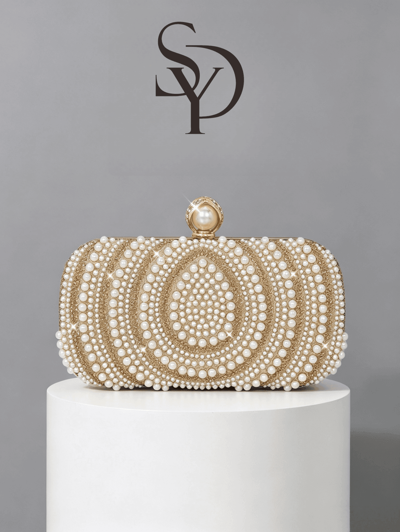 Elegant Gold Spiral Pearl & Rhinestone Decorated Evening Clutch Bag With Detachable Chain Strap