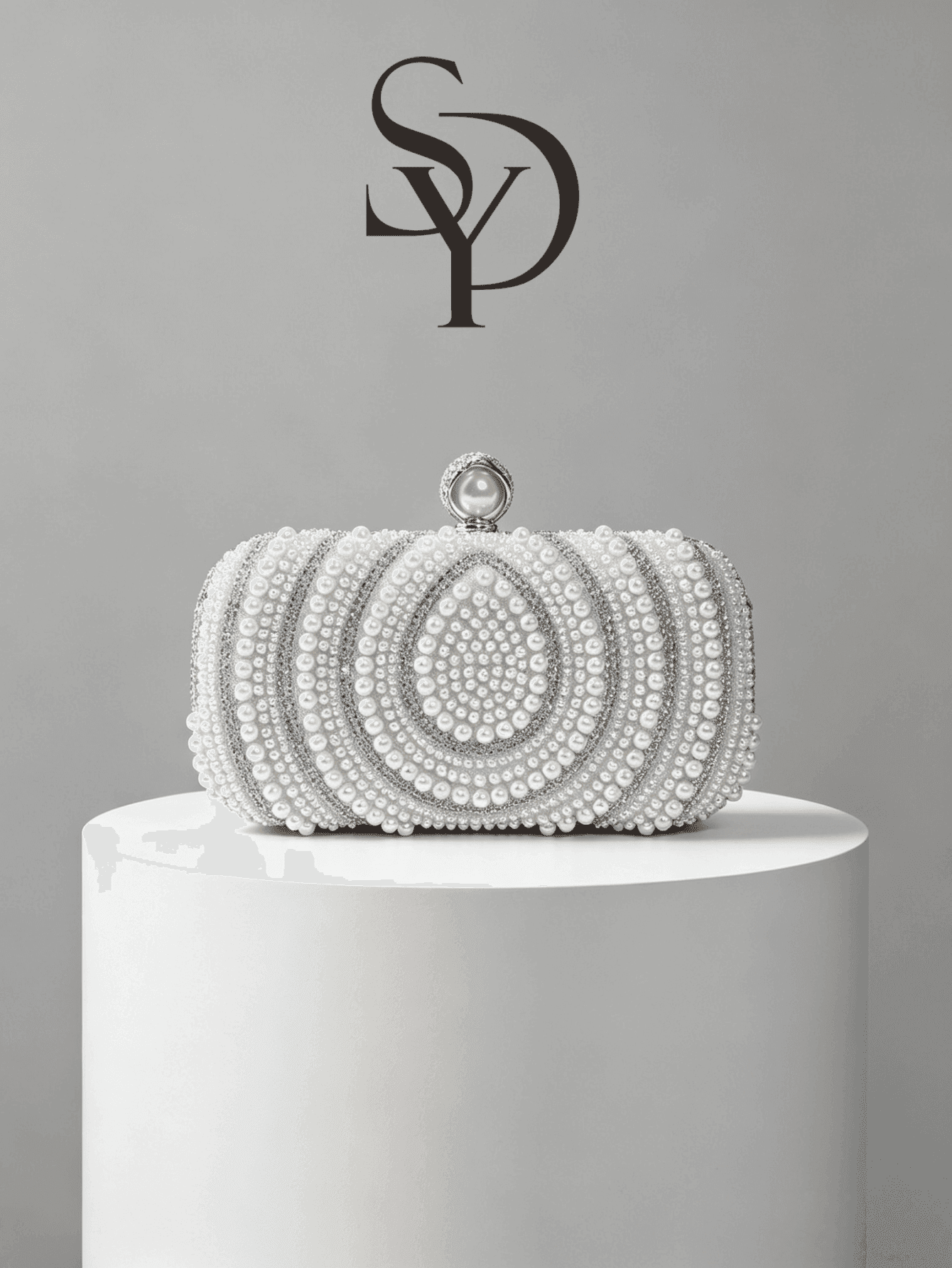 Elegant Pearl & Rhinestone Spiral Pattern Evening Clutch, Pearl Clasp Handbag