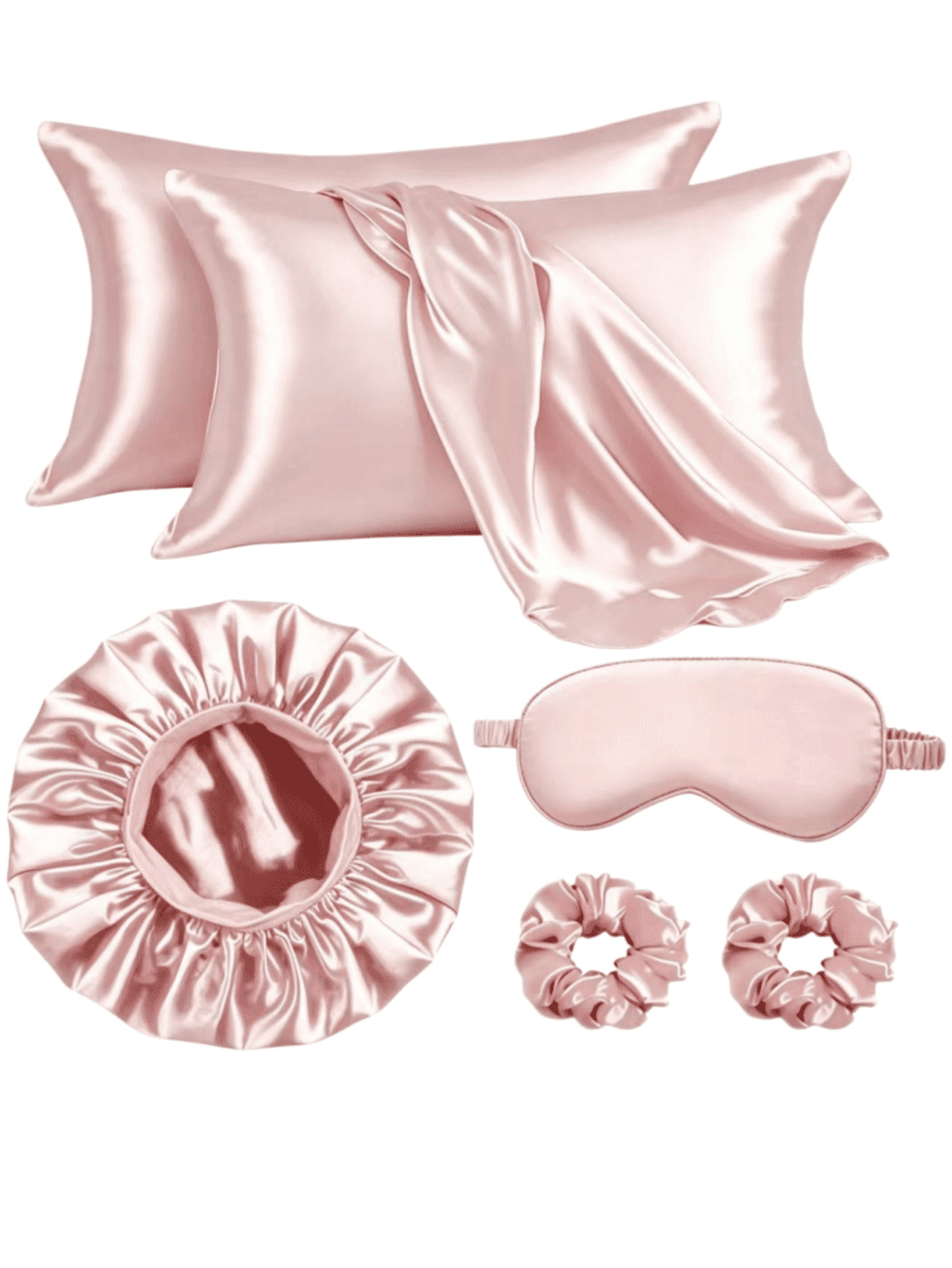 6pcs Women's Sleeping Cap, Pillowcase, Scrunchie, Eye Mask Set, Casual Polyester Satin Solid Color Suit, Gift For Daily, Vacation, All Seasons