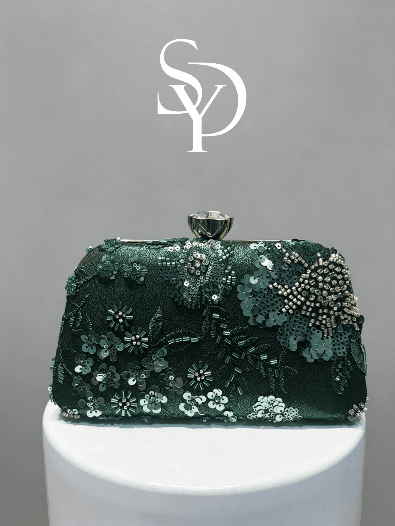 Jade Green Floral Sequin Evening Clutch, Gold Framed Hard Case Wallet, Suitable For Weddings And Parties (Random Cut)