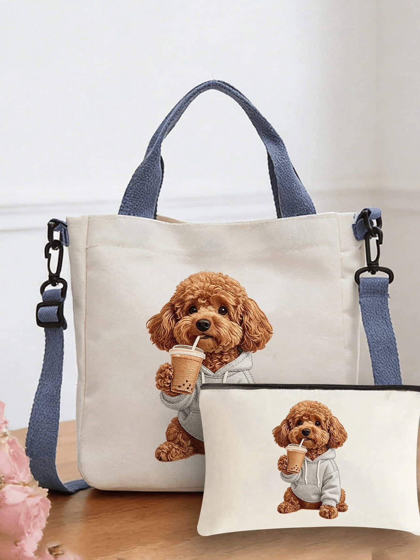 Women's Tote Bag With Cute Brown Teddy Dog Drinking Milk Tea Print, Large Capacity Multifunctional Shoulder Bag, Lightweight Durable Commuter Shopping Handbag, Portable Daily Storage Bag, Suitable For Work, School, Travel, Beach And Supermarket Shopping, Practical Teacher Gift, Cute Women's Gift, Pet Dog Owner Gift, Can Be Used As Birthday, Pet Lover, Wedding Season, Souvenir, Bridesmaid, Back To School Season Gift