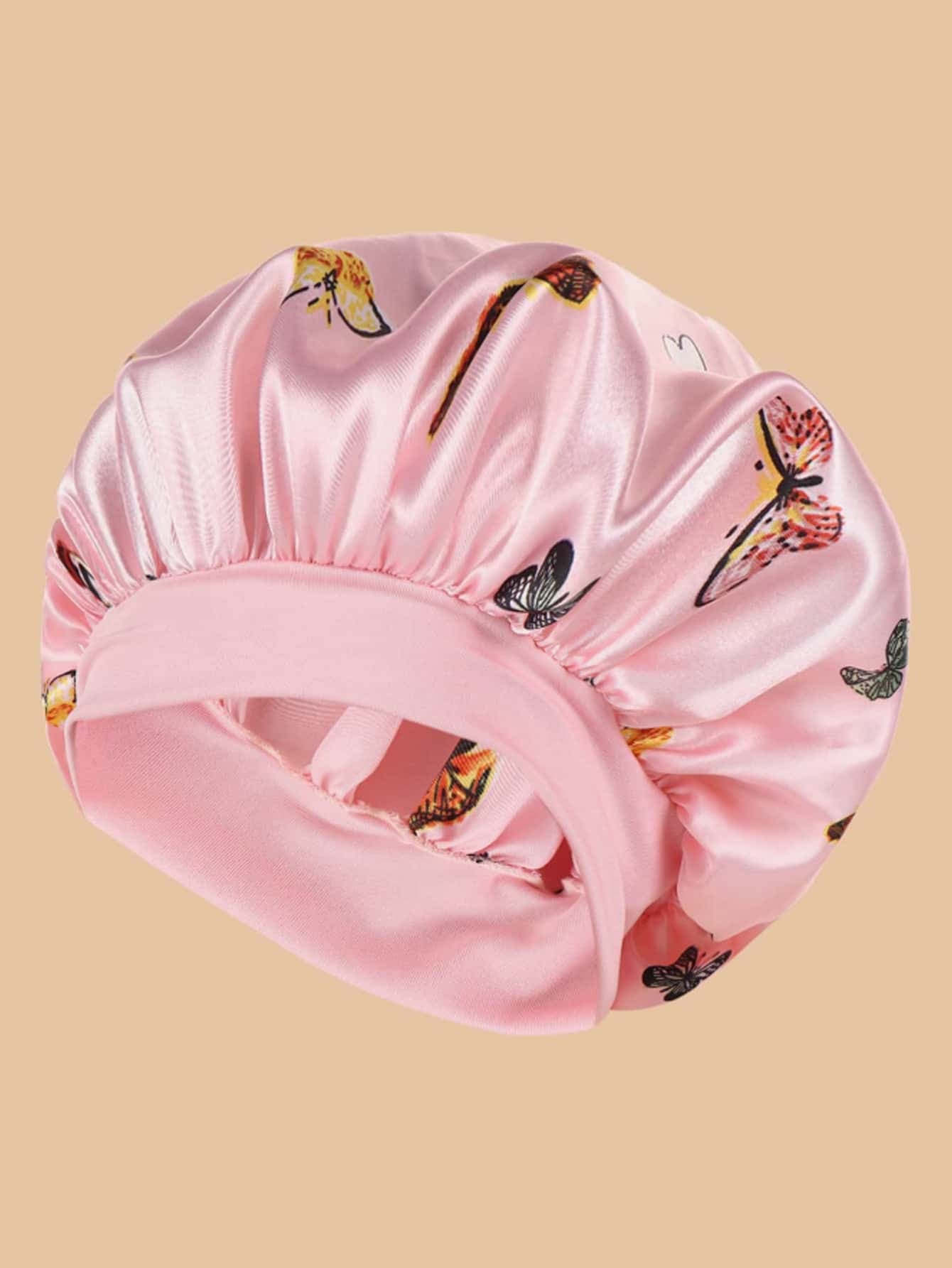 1pcButterfly Print Wide-Band Hair Bonnet, Made Of Elastic Cotton Fabric, Sweet & Fresh Style With Butterfly Print & Stretchable Headband, Anti-Frizz & Breathable; Ideal For Sleep, SPA & Travel, Pink Color Available.