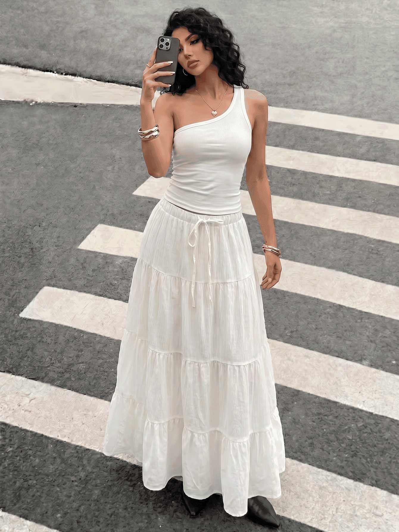 Women's Casual Holiday Multi-Layer Cake Skirt, Suitable For Summer Wear, White Multi-Layer Long Skirt, Drawstring Skirt, Summer Fashion Skirt