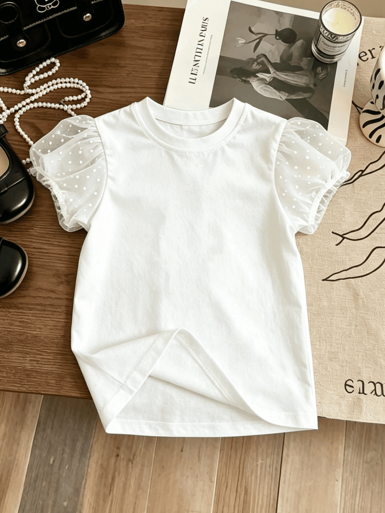 4-7Y Girls Cute Solid Color Lace Trim Short Sleeve T-Shirt, Summer Fashion