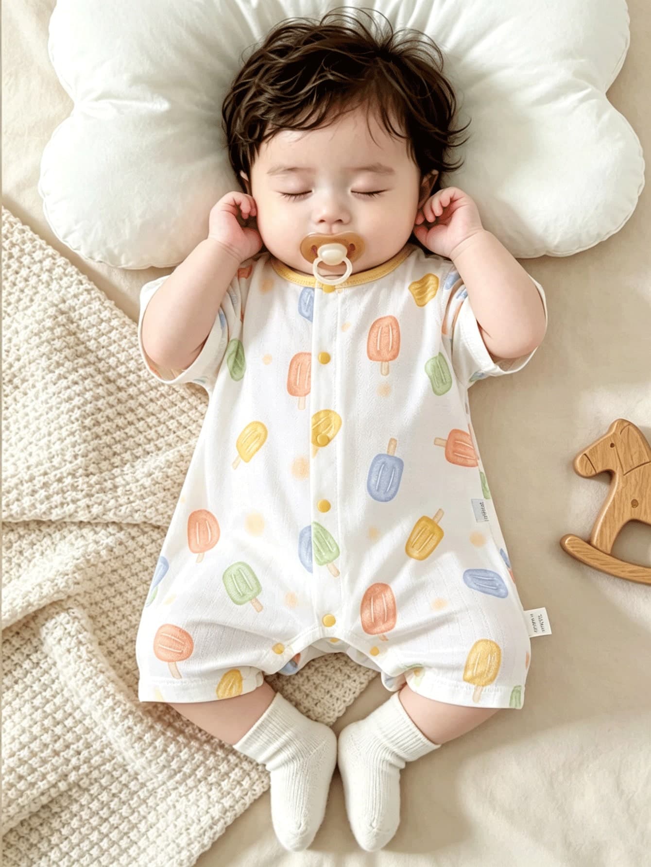 1pc 100% Cotton Newborn Infant Outfit, Seamless Design, Colorful Ice Cream Print, Cute Baby Boy Casual Short Sleeve Romper, Lightweight Solid Color Shorts Suitable For Summer