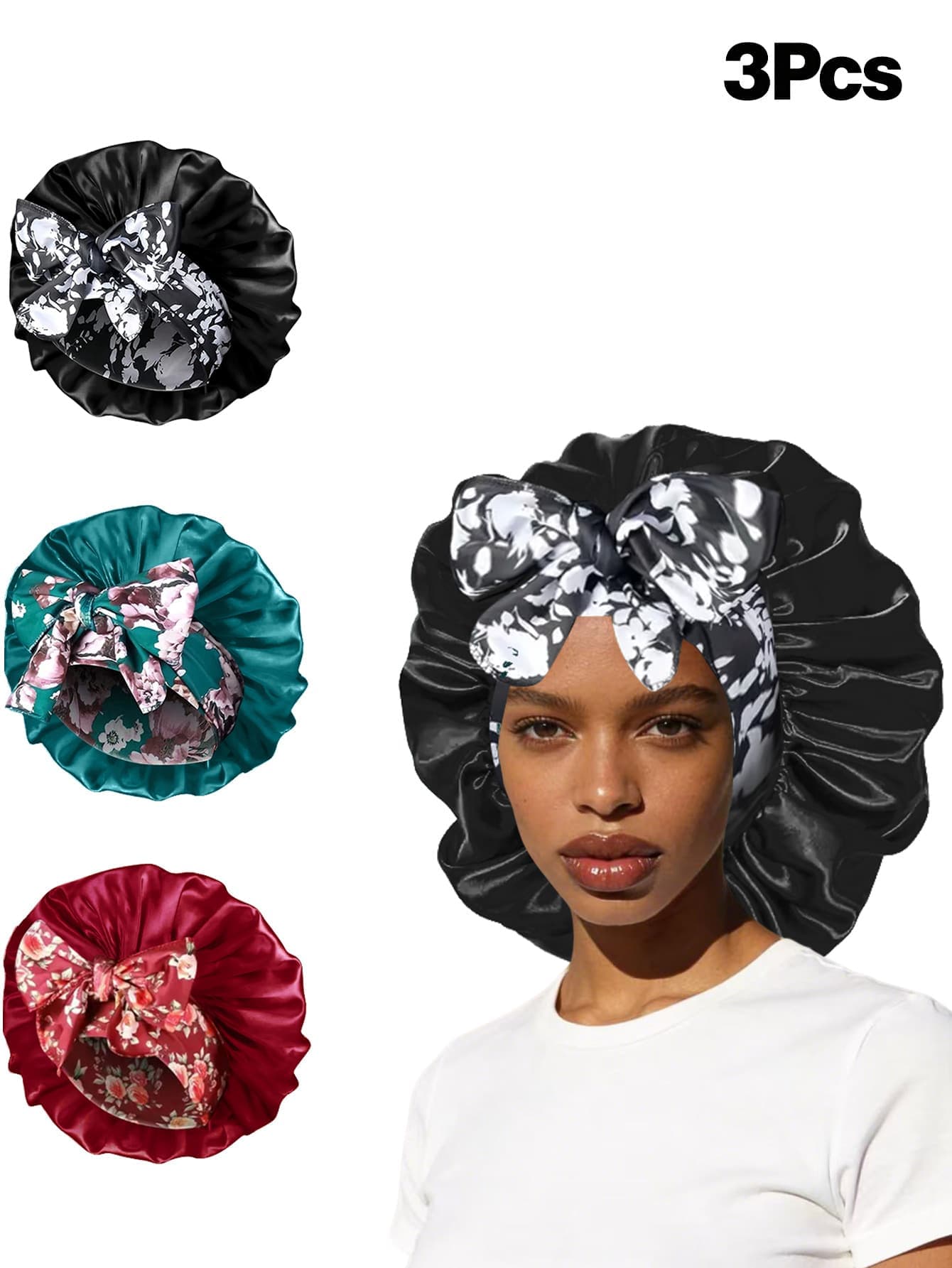 3pcs Women's Solid Color Satin Tie Sleep Cap, Comfortable Casual Daily Sleep Cap & Hat (Random Print)
