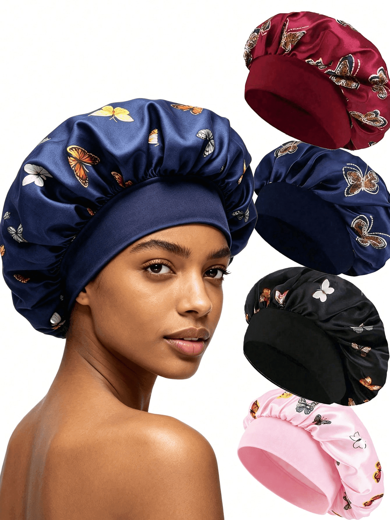 YPGVUO 4pcs Butterfly And Floral Print Wide Brim Satin Hair Caps, Made Of Smooth Satin And Elastic Cotton, Sweet And Fresh Style With Romantic Prints And Matching Headbands, Anti-Frizz And Breathable; Suitable For Sleep, SPA And Holidays, Multiple Prints Available