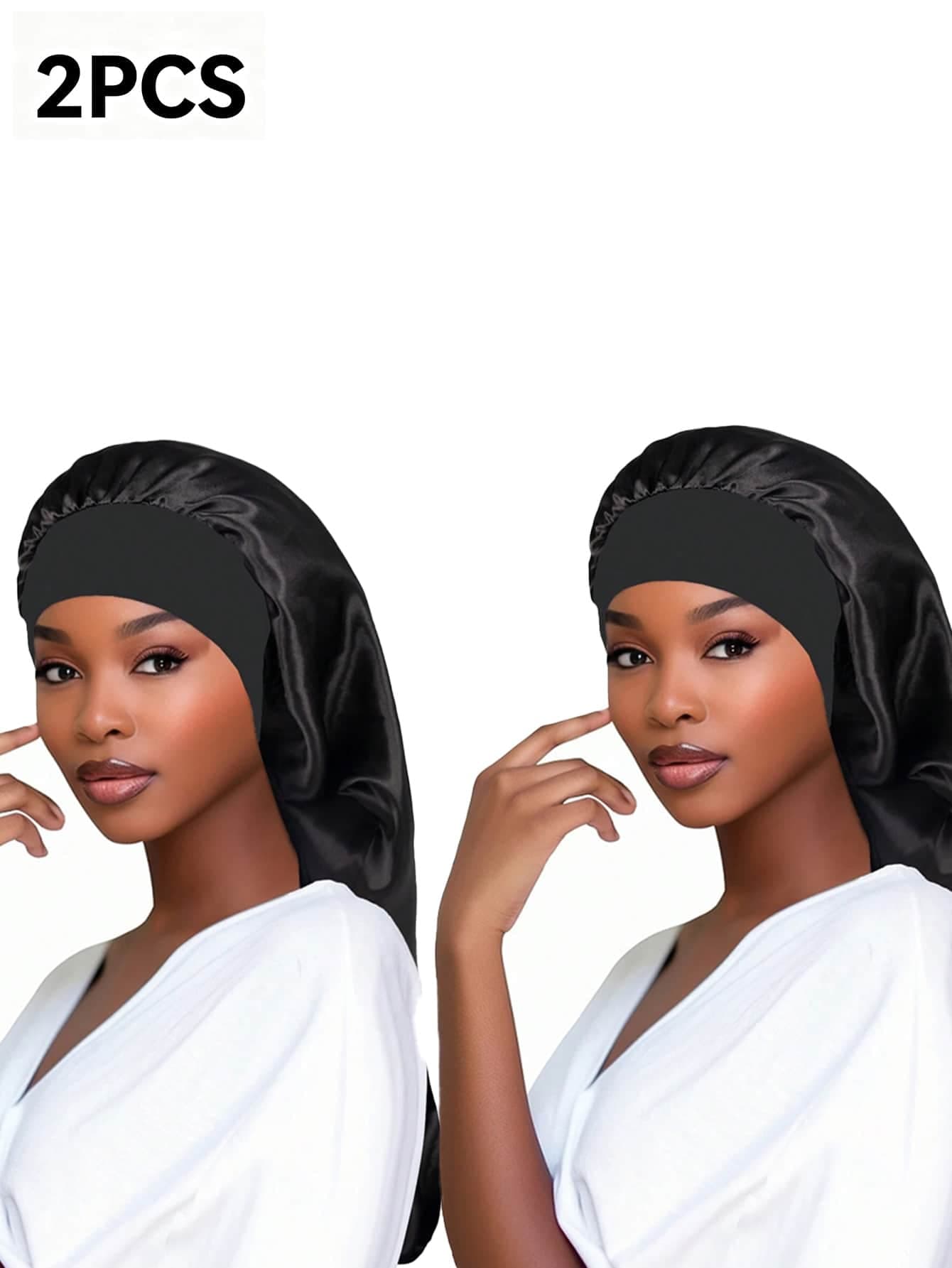 2pcs/Set Women's Satin Mesh Long Sleep Cap, Elastic Long Hair Shower Cap, Solid Color Anti-Frizz Headband, Multiple Colors