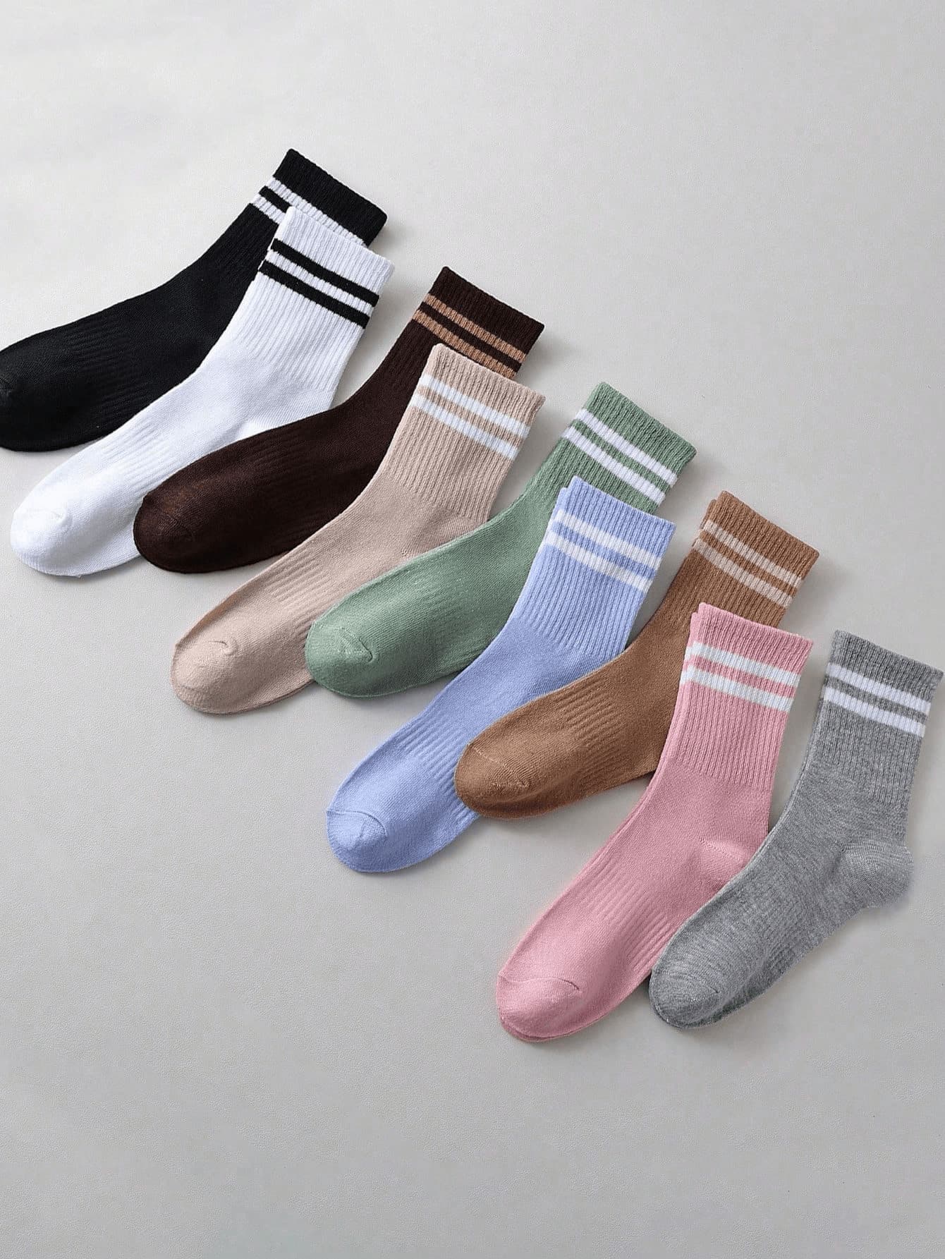 1/6/9 Pairs Unisex Solid Striped Mid-Calf Socks, Comfortable Casual Creative Versatile Daily Wear, Suitable For Autumn/Winter, School Style, All Seasons