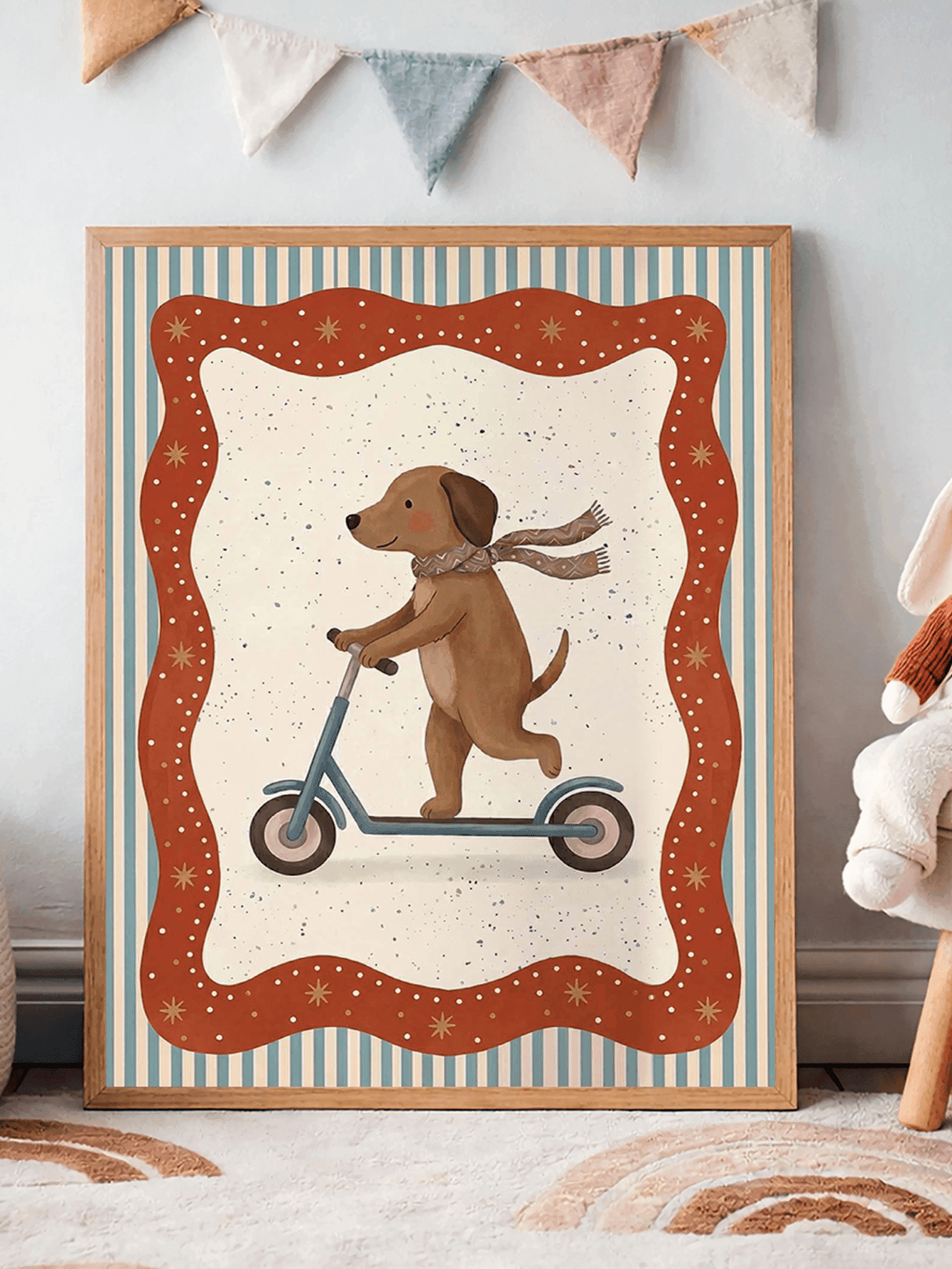 1pc, Framed Canvas Baby Room Wall Art Decor, Vintage Scooter Theme Children's Painting, Cute Little Brown Dog Wearing A Scarf Riding A Blue Scooter, Bohemian Style Neutral Baby Room Decor, Ready To Hang Artwork, Suitable For Toddler Bedroom, Playroom, Nursery, Also A Baby Shower Gift, Little Explorer Gift, Full Of Fun And Imagination Theme Art, Modern Lively Children's Room Accent Decor