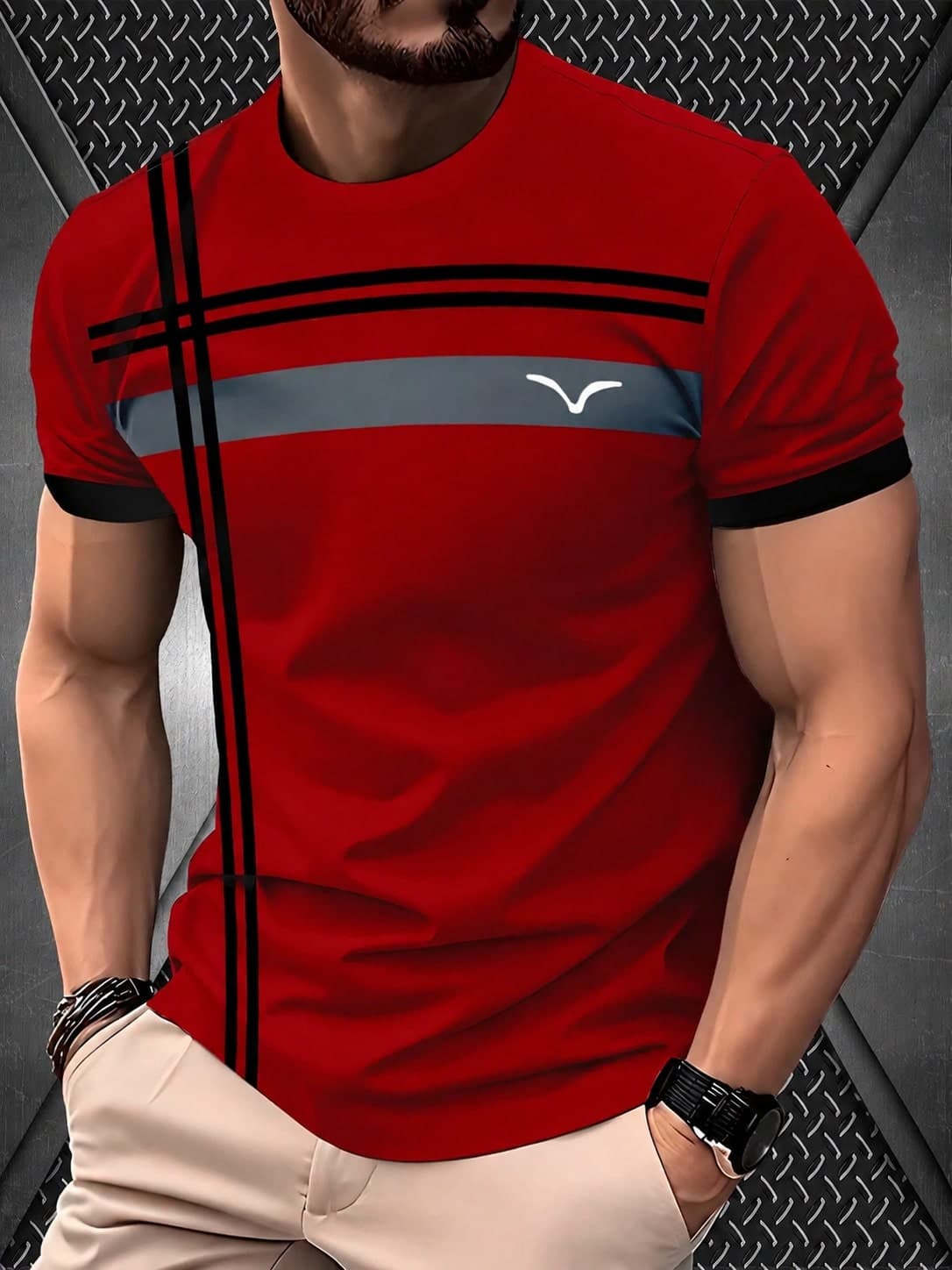 KOVSEE Men's Casual Striped Seagull Print T-Shirt, Round Neck Short Sleeve Sporty Tee, 3D Graphic Versatile Summer Outfit Sports