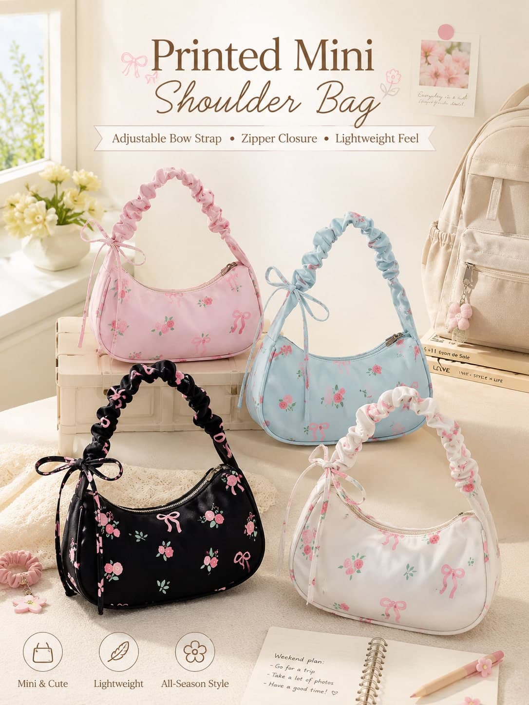 Women's Printed Mini Shoulder Bag - Lightweight Polyester Fiber Crossbody Bag, Adjustable Bow Strap, Zipper Closure. Compact Handbag Suitable For Short Trips And Daily Use, All-Season, Smooth Texture.