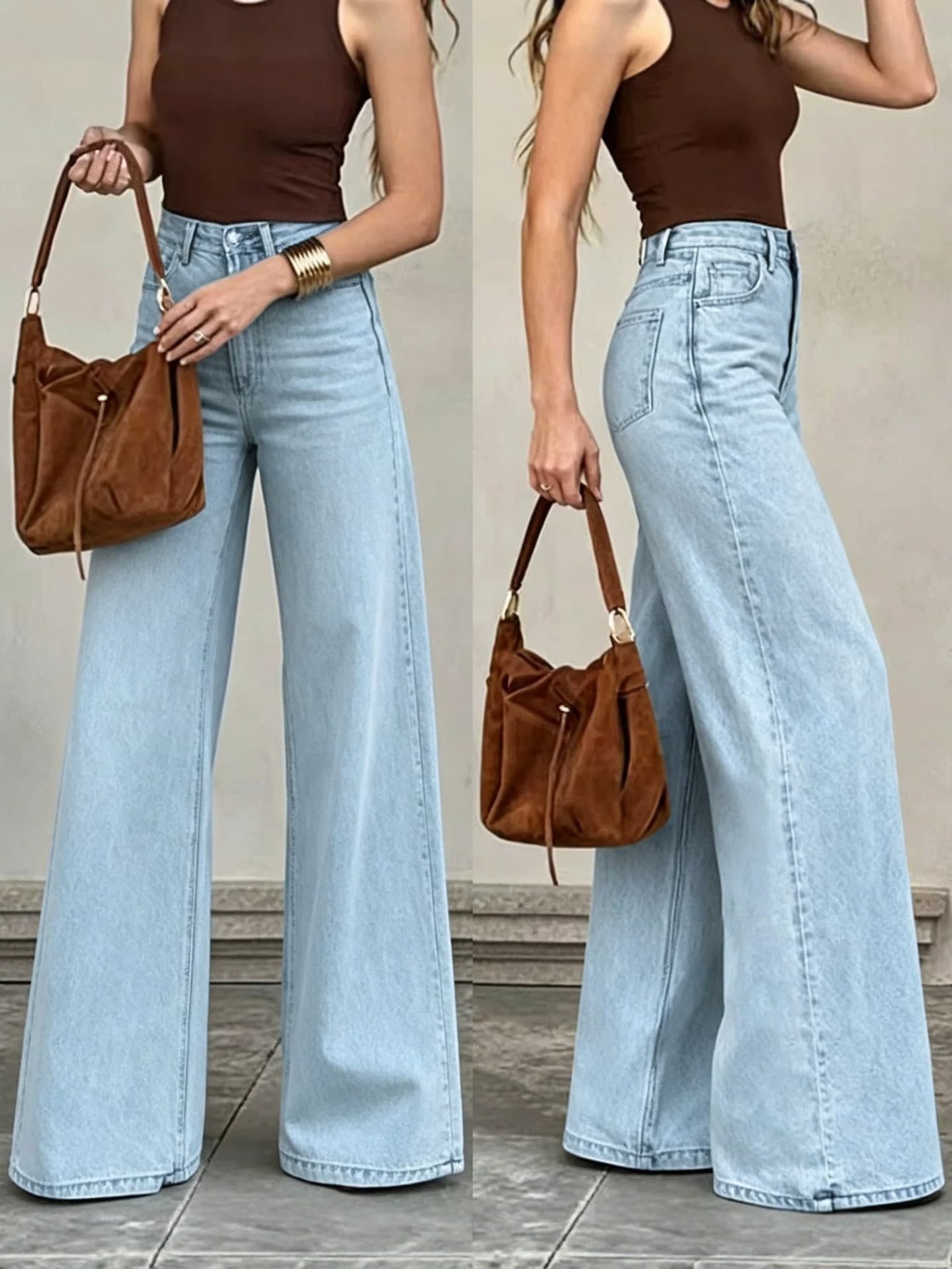 Cute And Sexy Women's Long Wide Leg Jeans, Light Blue Denim, Medium Stretch, With Pockets And Button Zipper Fly, Ideal For Party Wear.