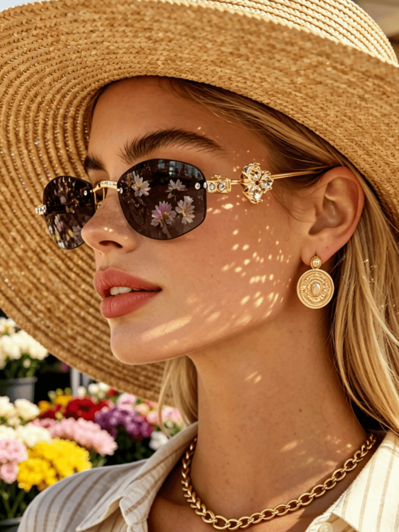 1pc Vintage Geometric Frame Rimless Sunglasses With Studs And Rhinestone Decorated Temples, Y2K Style UV Protection Women's Sunglasses For Summer Beach Travel Vacation Party, Daily Outfit, Photo-Worthy, Gift Choice