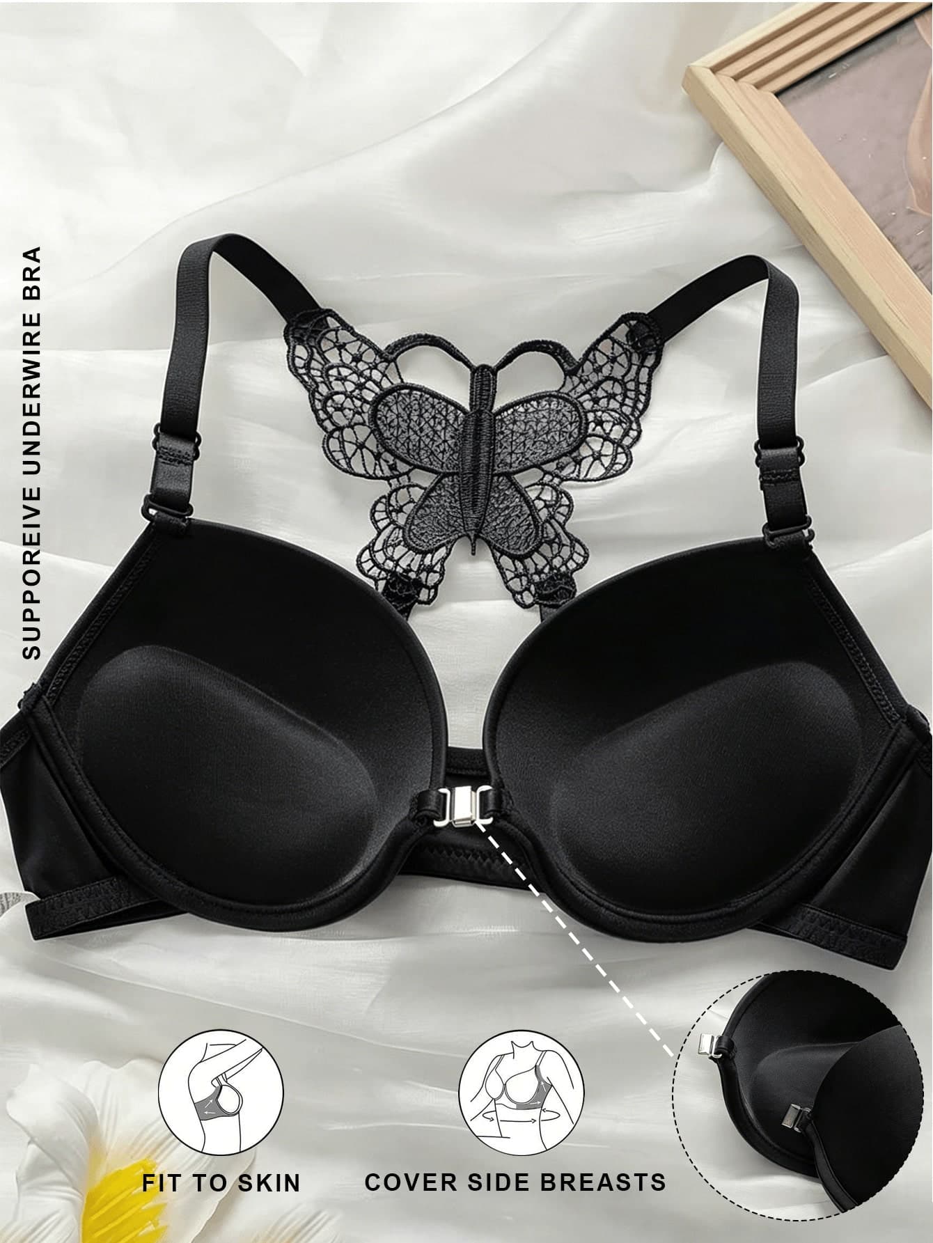Women's Sexy Lace Bowknot Back Gather Push Up Bra - Front Closure Padded Underwear Provides Lift And Support