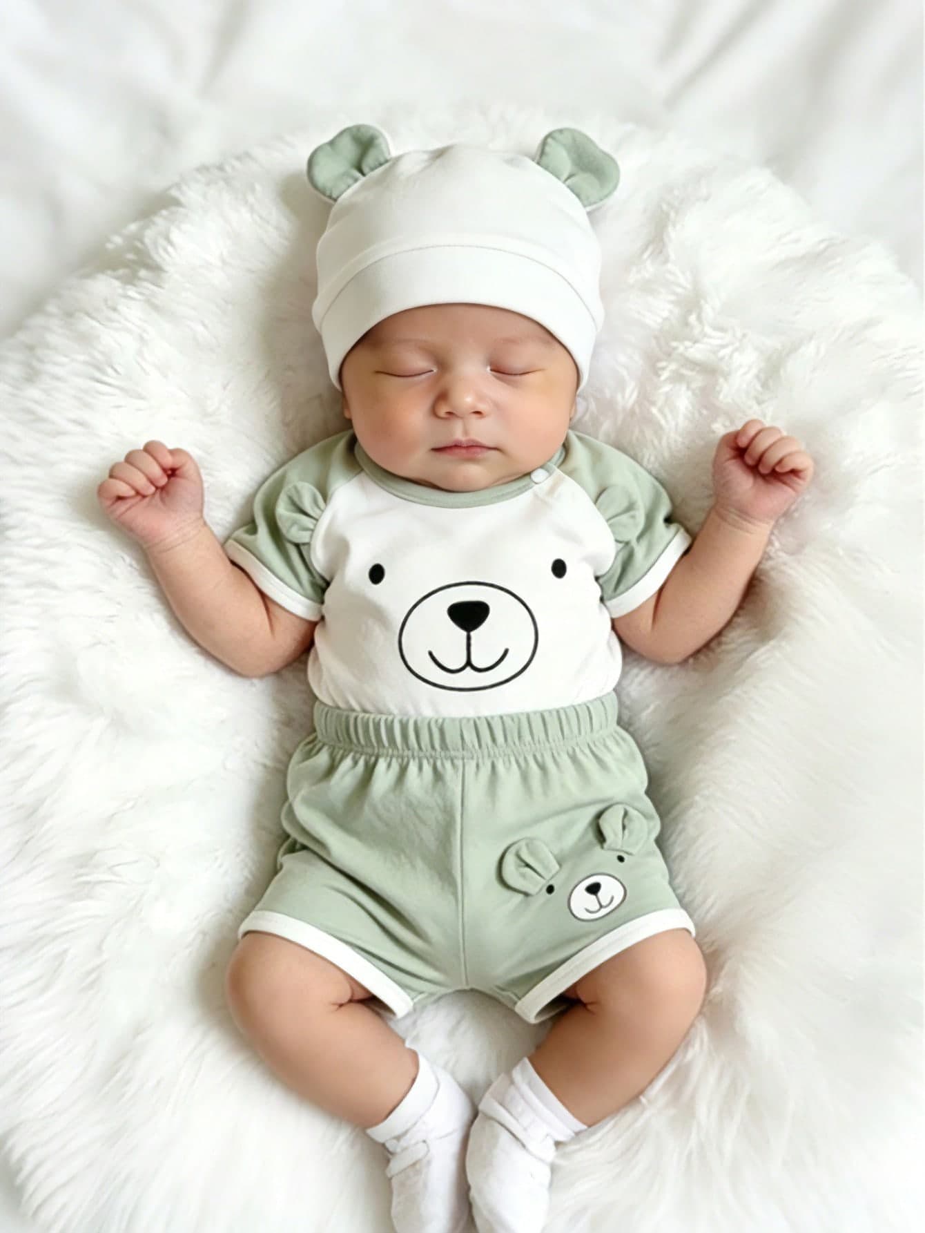 3pcs Baby Outfit Set, Newborn Bear Design Short Sleeve Romper (With Snap Closure Collar) + Shorts + Ear Hat, Suitable For Infant Daily Wear