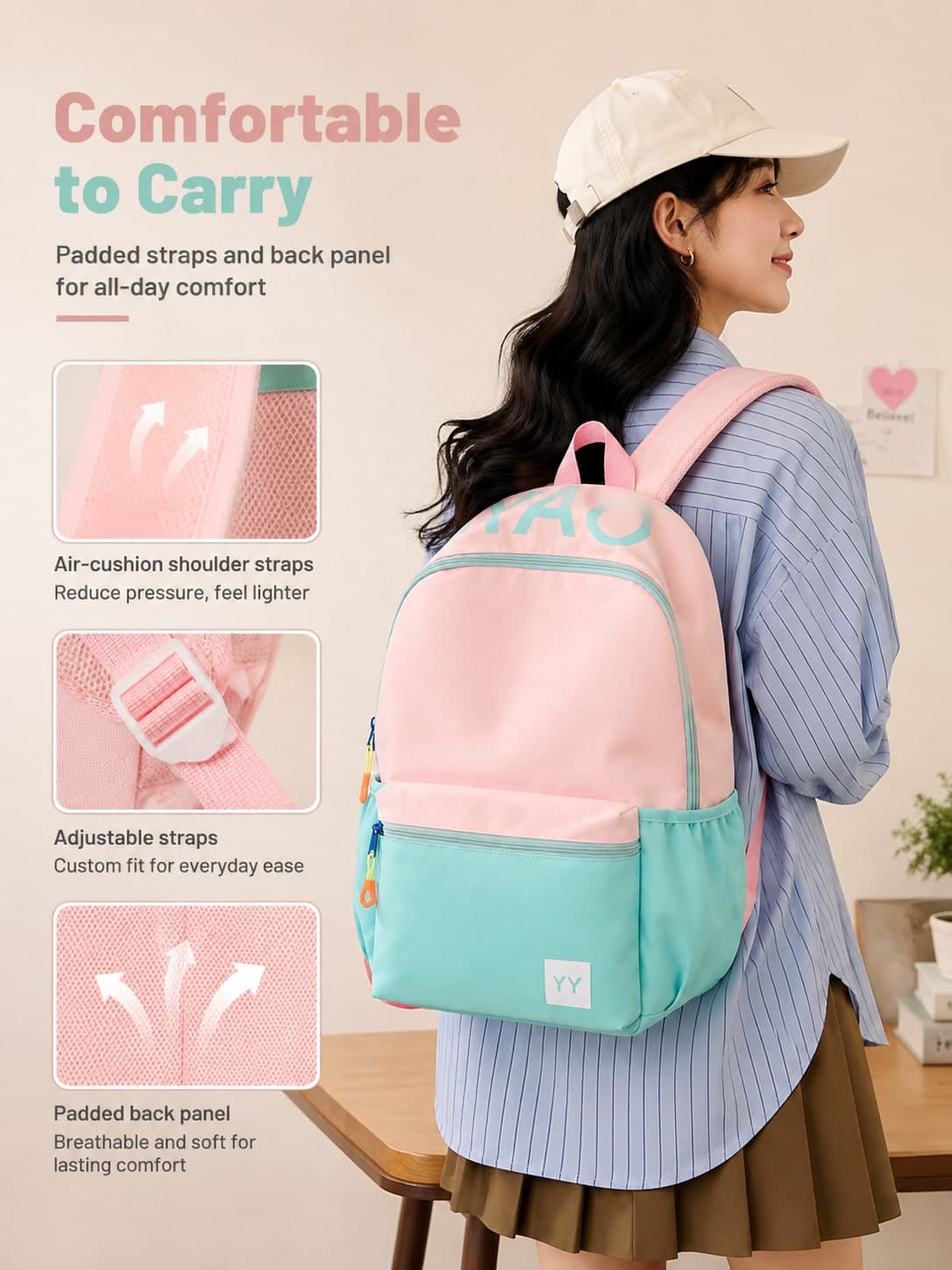 Women's Multi-Pocket Nylon Backpack, Designed For College Students; Can Hold Laptop And Books; Portable Design; Features Dedicated Laptop Compartment.