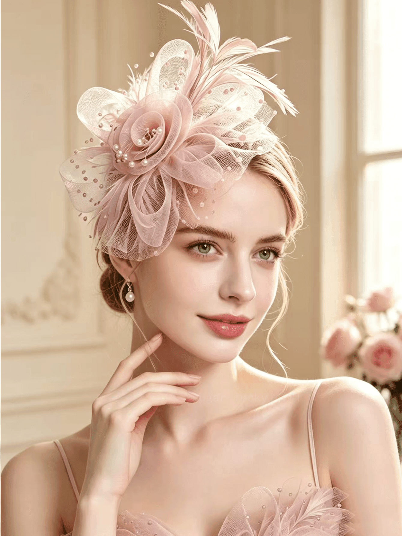 1pc Women's Light Pink Mesh Floral Pearl Decorated Hat, Hair Clip Headband Fascinator, Cute & Lively, Elegant Elegant, Suitable For Weddings, Tea Parties And Kentucky Derby Occasions, Wedding Hair Accessories, Can Be Used As Headpiece, Gift, Hair Accessory Or Evening Event Accessory. Photography, Portrait