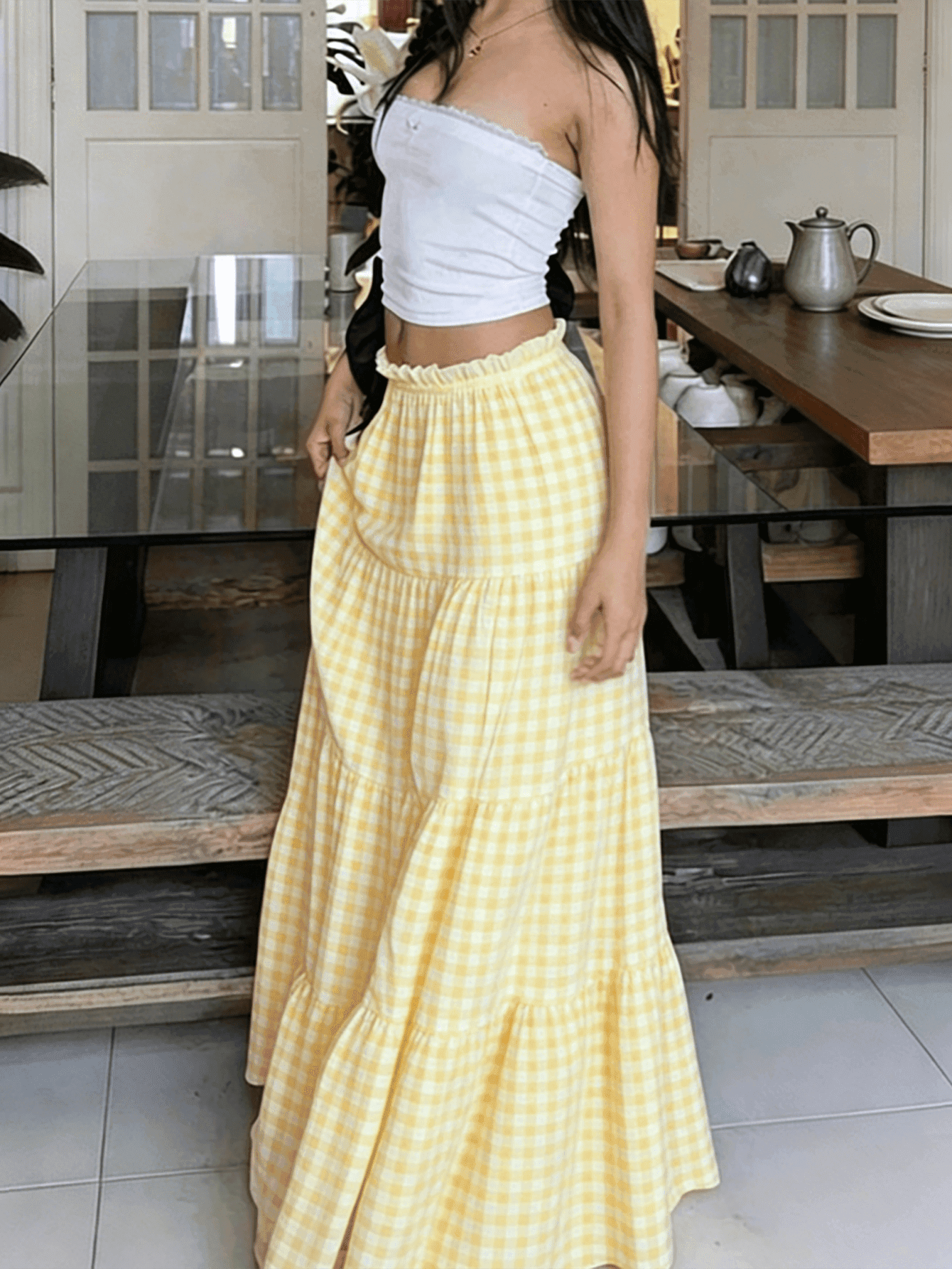 Summer New Women's Pale Yellow Skirt, Holiday Gathering Party Outfit, Multi-Layer Cake Skirt Design, Yellow Plaid Pattern Women's Long Skirt, Summer Outing Picnic Essential, Loose Comfortable Breathable Women's Long Skirt, Casual Elegant Women's Wear, Vacation Beach Style Women's Clothing, Sweet Fashion Women's Skirt, French Vintage Yellow And White Plaid Layered Cake Skirt, High Waist Slimming Versatile Women's Long Skirt, French Pastoral Style Women's Skirt, Youthful Academic Style Outfit, Draped Height-Enhancing