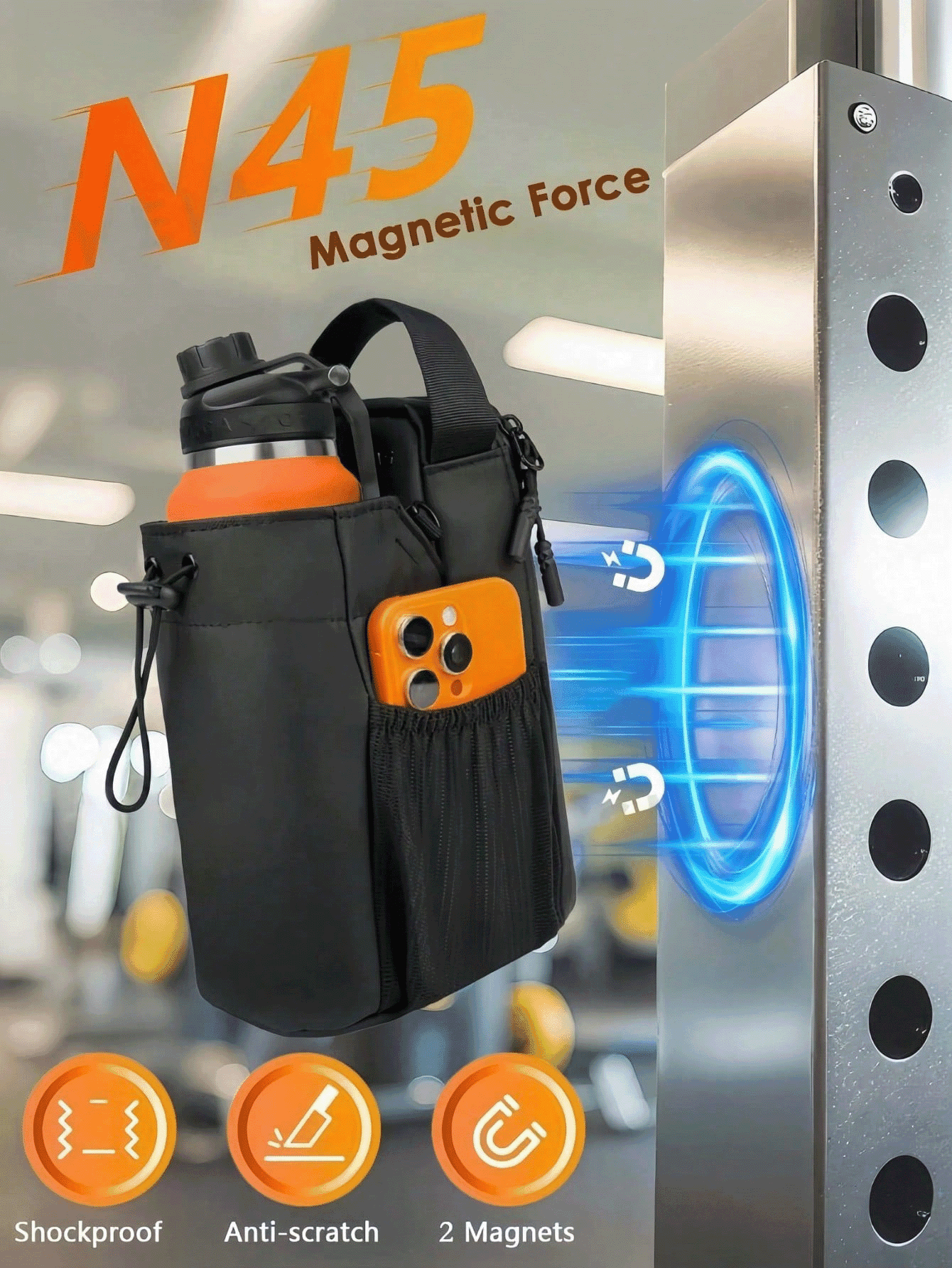 1pc Magnetic Fitness Water Bottle Bag, Adjustable Shoulder Strap One Shoulder Crossbody Sports Bag | Large Capacity Sports Storage Bag, Multi-Compartment Design | Retractable Drawstring, Sports Style, Durable Fitness Backpack/Crossbody Bag, Convenient And Secure Magnetic Attachment, Unisex 2-In-1 Style, Suitable For Fitness, Sports And Travel Storage