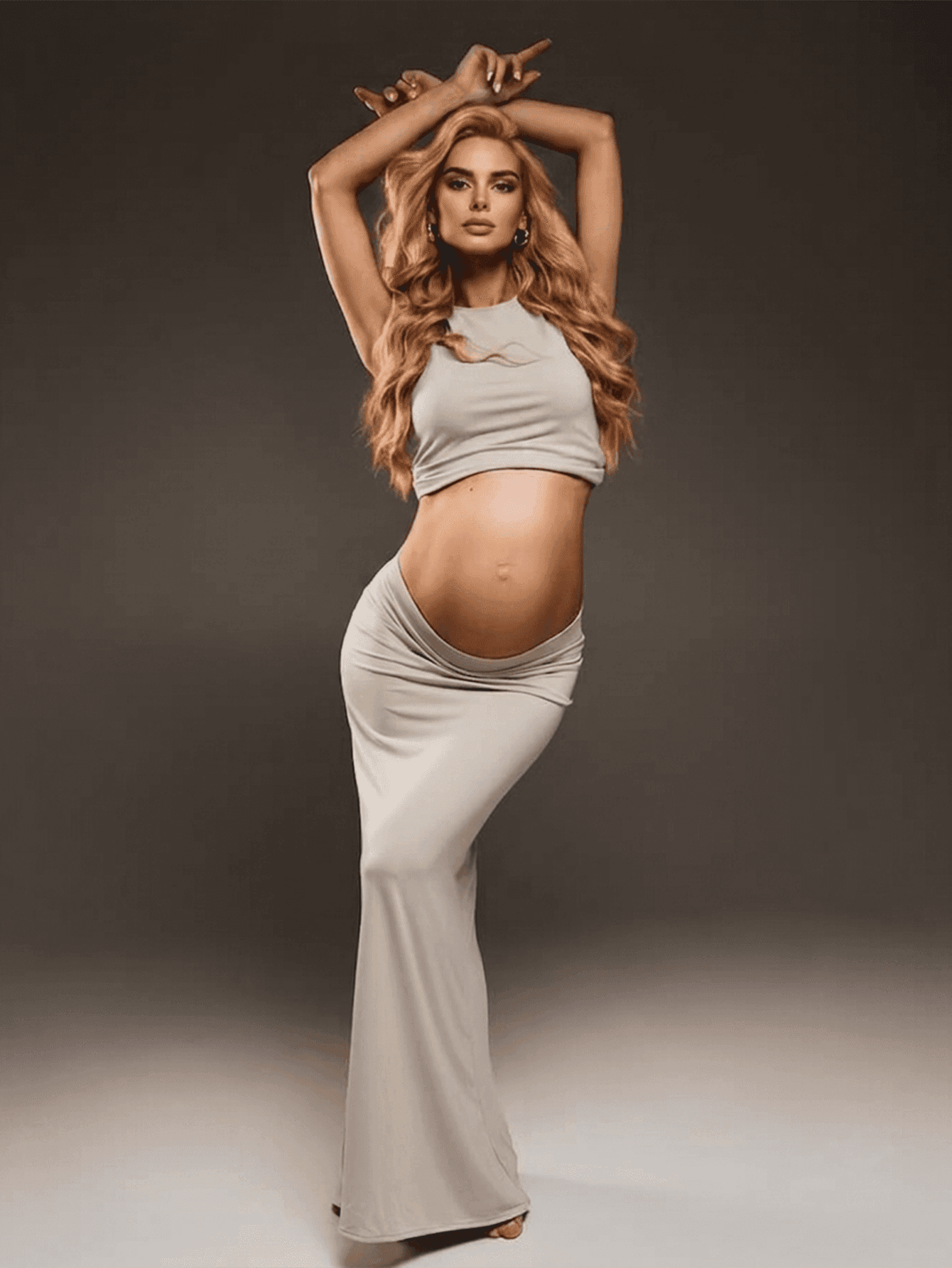 JustVH Maternity Sleeveless Solid Color Cropped Top + Skirt 2-Piece Set, Suitable For Baby Shower Party