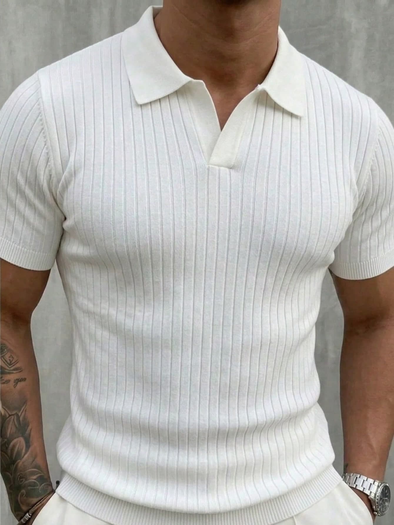 Men's Solid Color Casual Turn-Down Collar Short Sleeve Knit Top