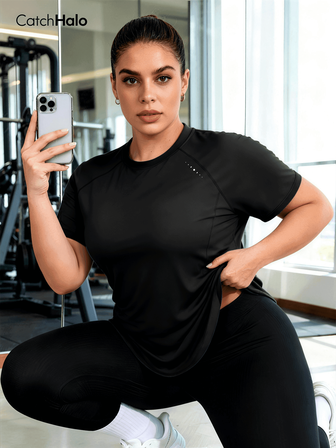 Plus Size Women Casual Sports T-Shirt, Round Neck With Curved Hem, Black