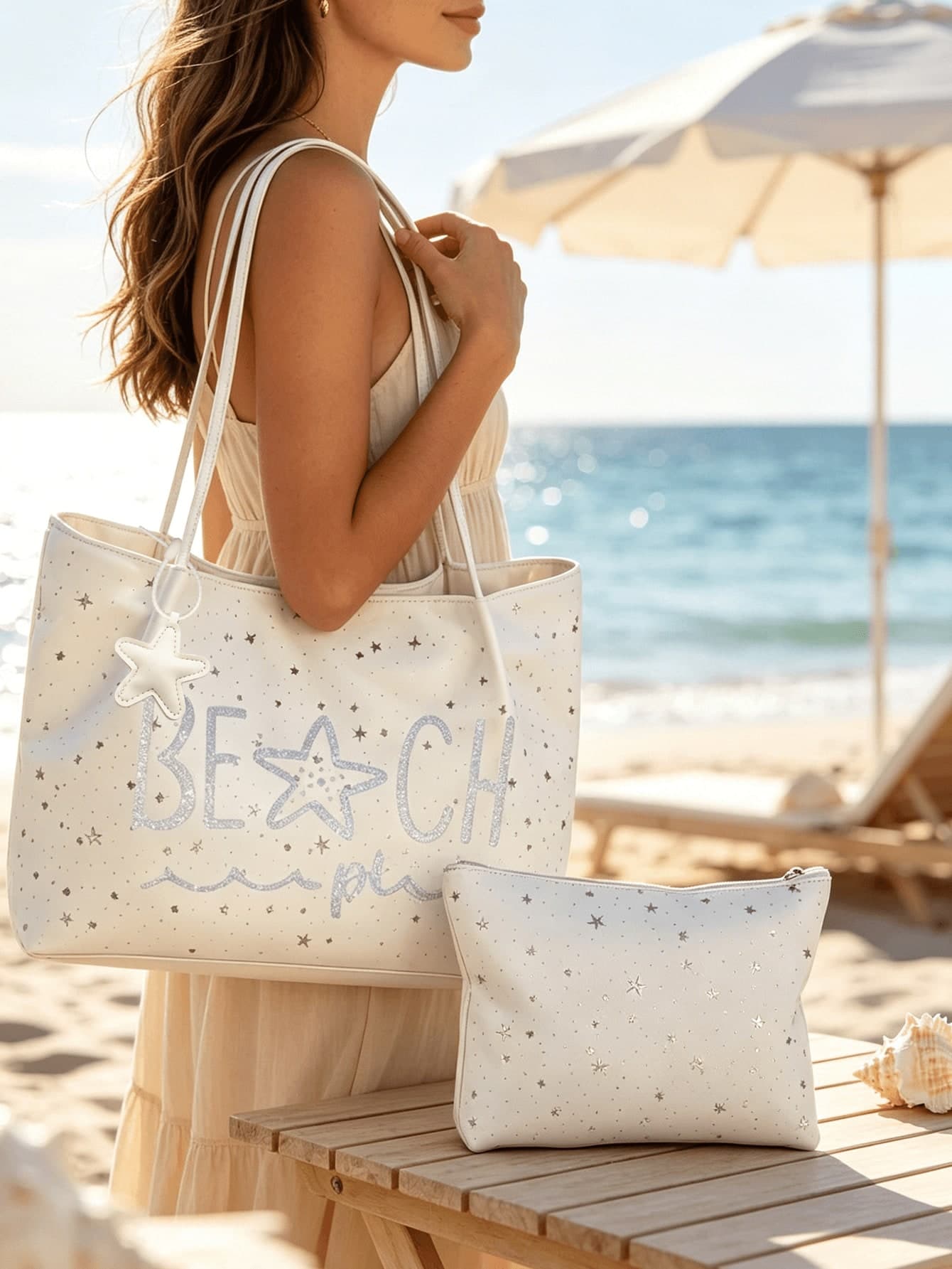 Star Polka Dot Large Capacity Summer Tote Bag, Silver Sequin Beach Print Pattern, Star Polka Dot Commuter Handbag And Matching Clutch Bag, Versatile Portable Shoulder Bag, Toiletry Bag, Cosmetic Storage Bag, Foldable, Can Be Used As Shopping Bag, Travel Bag, Commuter Bag, Ideal For Beach Trips, Pool Parties, Shopping And Daily Use, Perfect For Spring Break, Easter, Vacation And Gifting