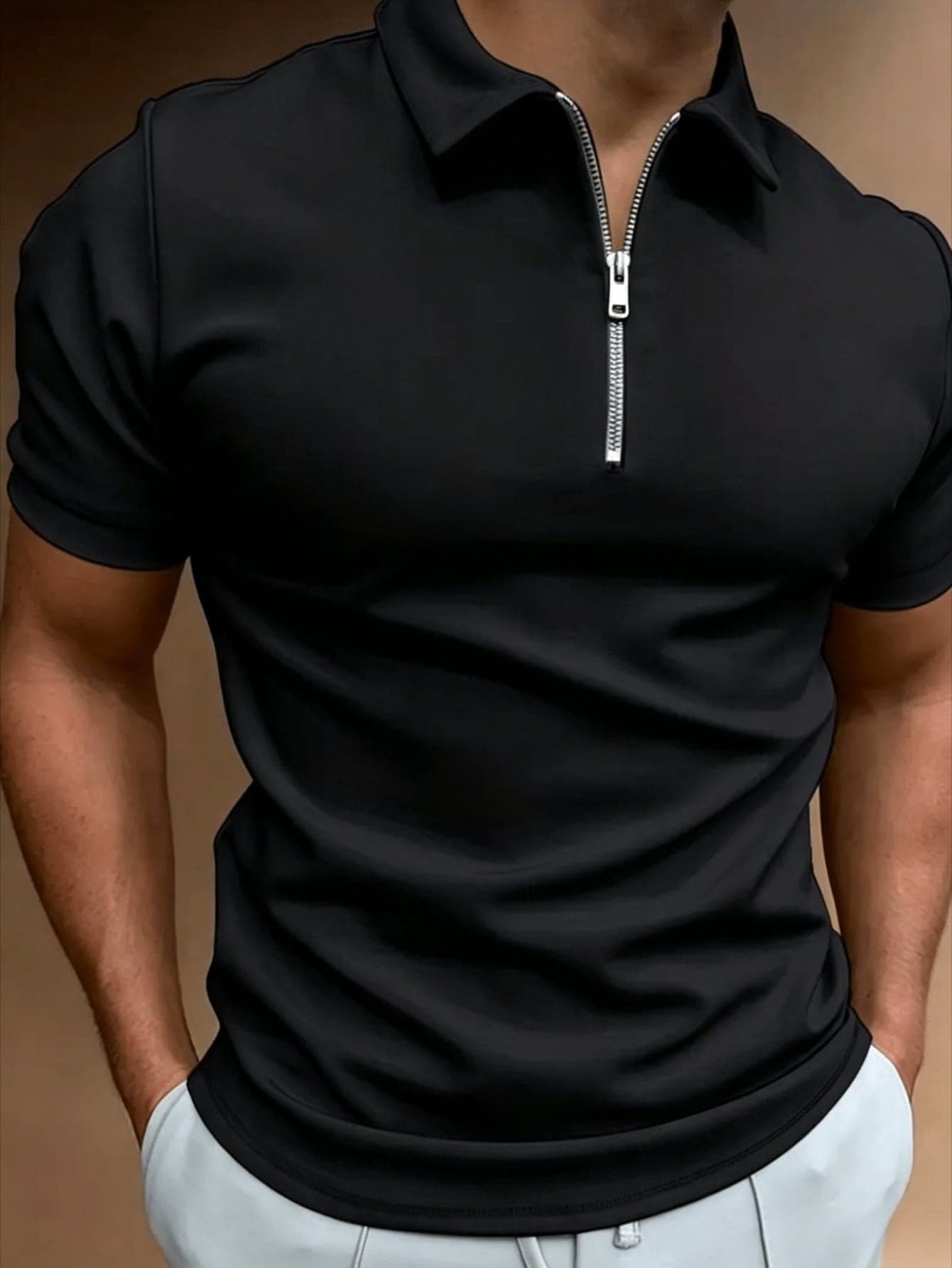 Men's Fashionable Minimalist Solid Color Zipper Short Sleeve T-Shirt, Summer
