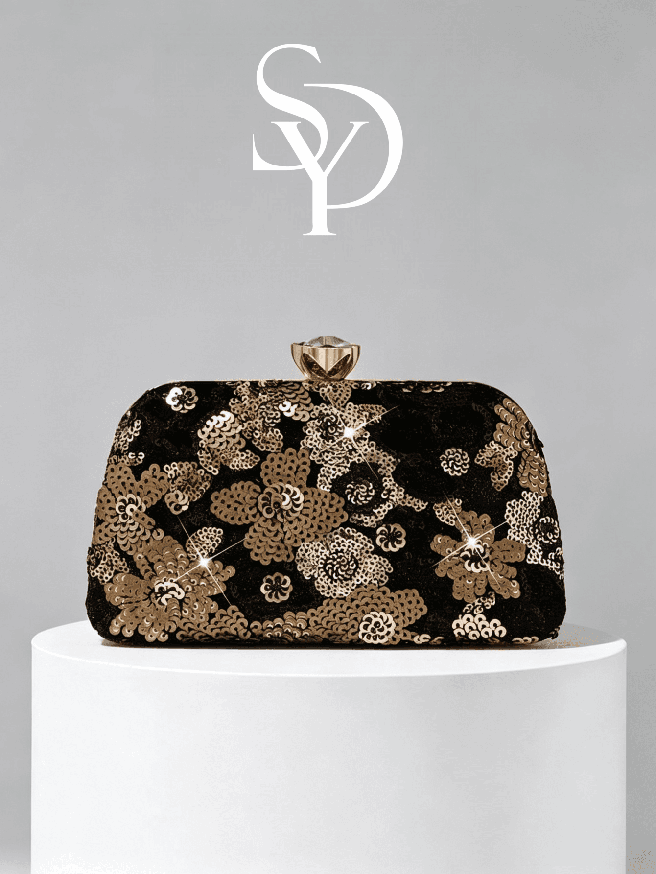 Black & Gold Floral Sequin Clutch Bag, Vintage Luxury Evening Bag With Rhinestone Flower Lock, Wedding Party Dress Chain Small Purse