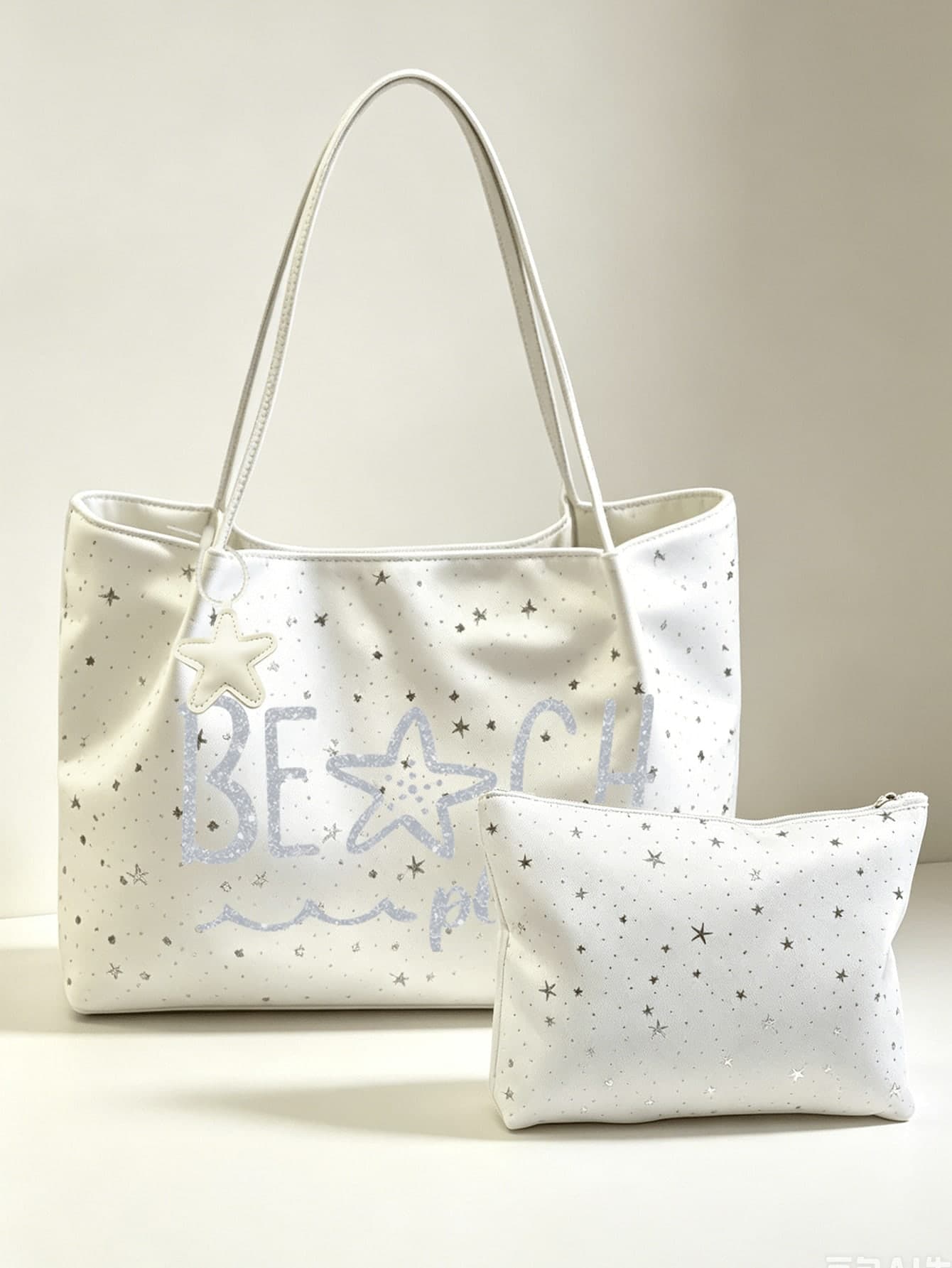 Fashion Star & Polka Dot Summer Tote Bag Set (Includes Matching Storage Bag), Silver Sequin Print, Beach Travel Handbag (With Star Charm), Large Capacity Foldable Shopping/Work/School Shoulder Bag, Ideal Gift For Spring/Summer Holidays/Back To School