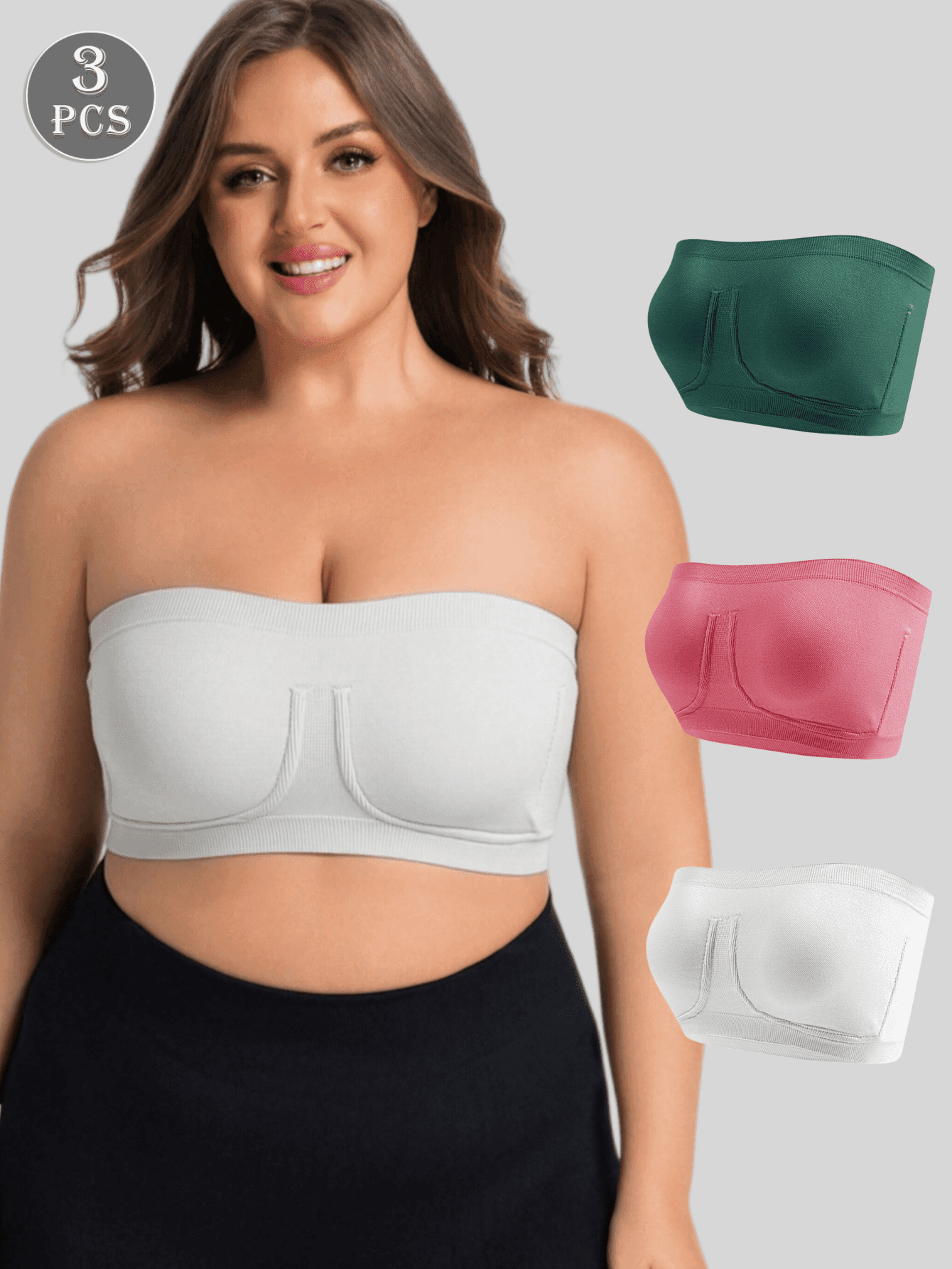 3pcs/Set Multicolor Plus Size Strapless Bandeau Bra For Women, Thin Anti-Sagging Sports Backless Sexy Bustier Bra