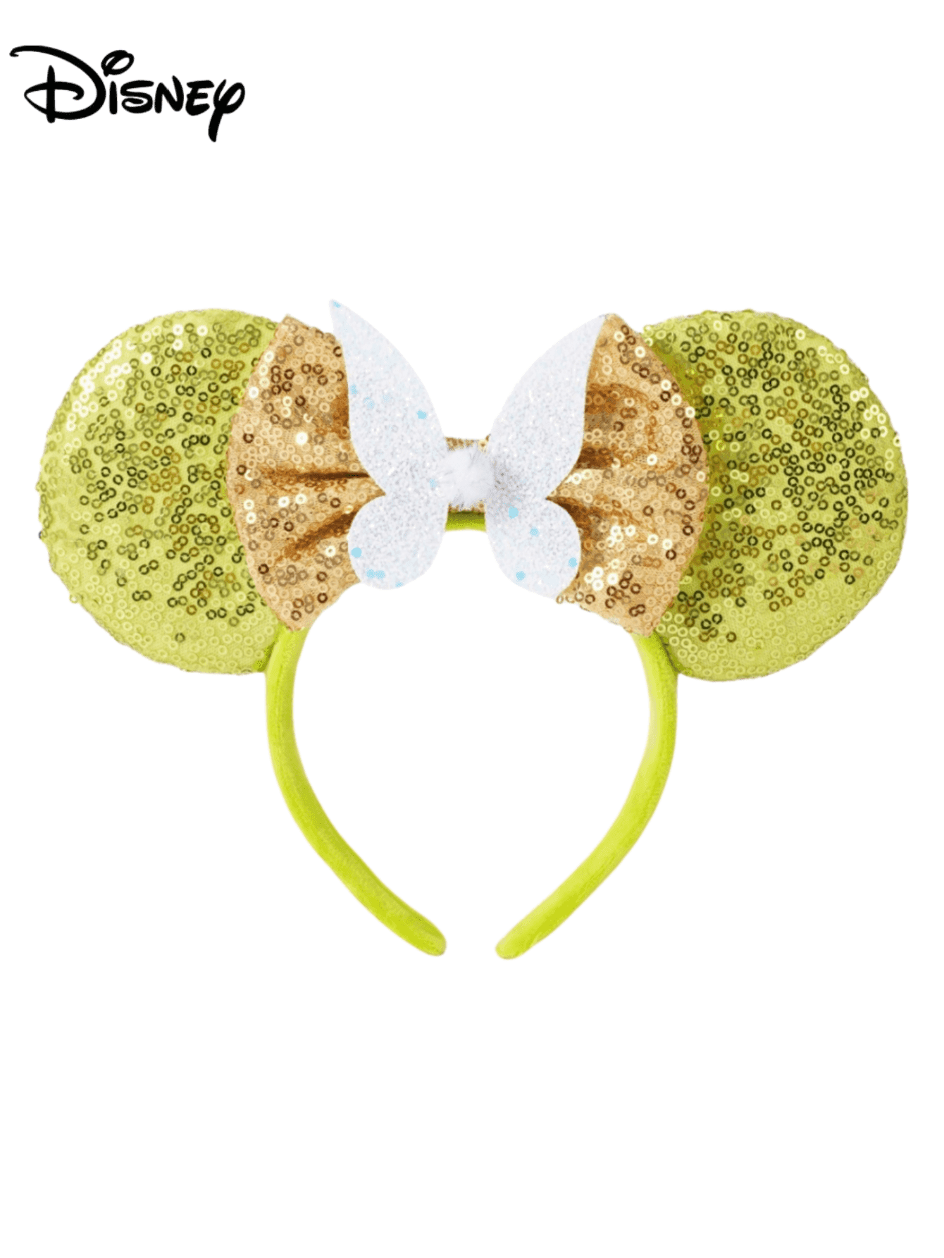 1pc Disney Cartoon Sequin Green + White Butterfly Pattern + Gold Bow Headband, Amusement Park Theme Series Mickey Minnie Ears Sequin Bow Headpiece For Stage Performance Costume, Holiday Party Birthday Theme Mickey Hair Accessory, Suitable For Festivals And Parties