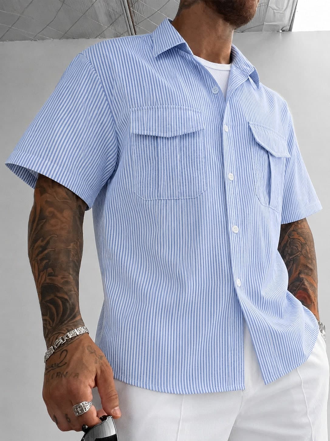 GloMan Men Blue White Striped Short Sleeve Button-Down Shirt,Summer Casual,Beach Vacation Shirt,For Daily Street,Back To School,Boyfriend/Husband Gift